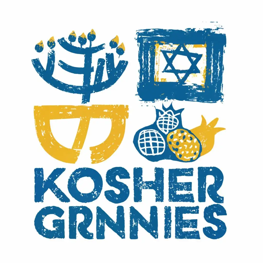 LOGO-Design-For-Kosher-Grannies-Vibrant-Yellow-Blue-Palette-with-Menorah-and-Pomegranate-Motif