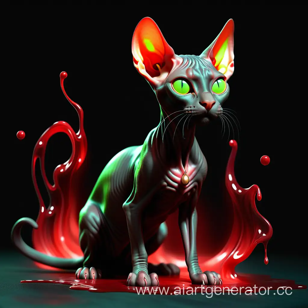 кот черный сфинкс с темной кожей с одним глазом зеленым а одним красным стоит на задних лапах в темноте течет красная светящаяся жидкость