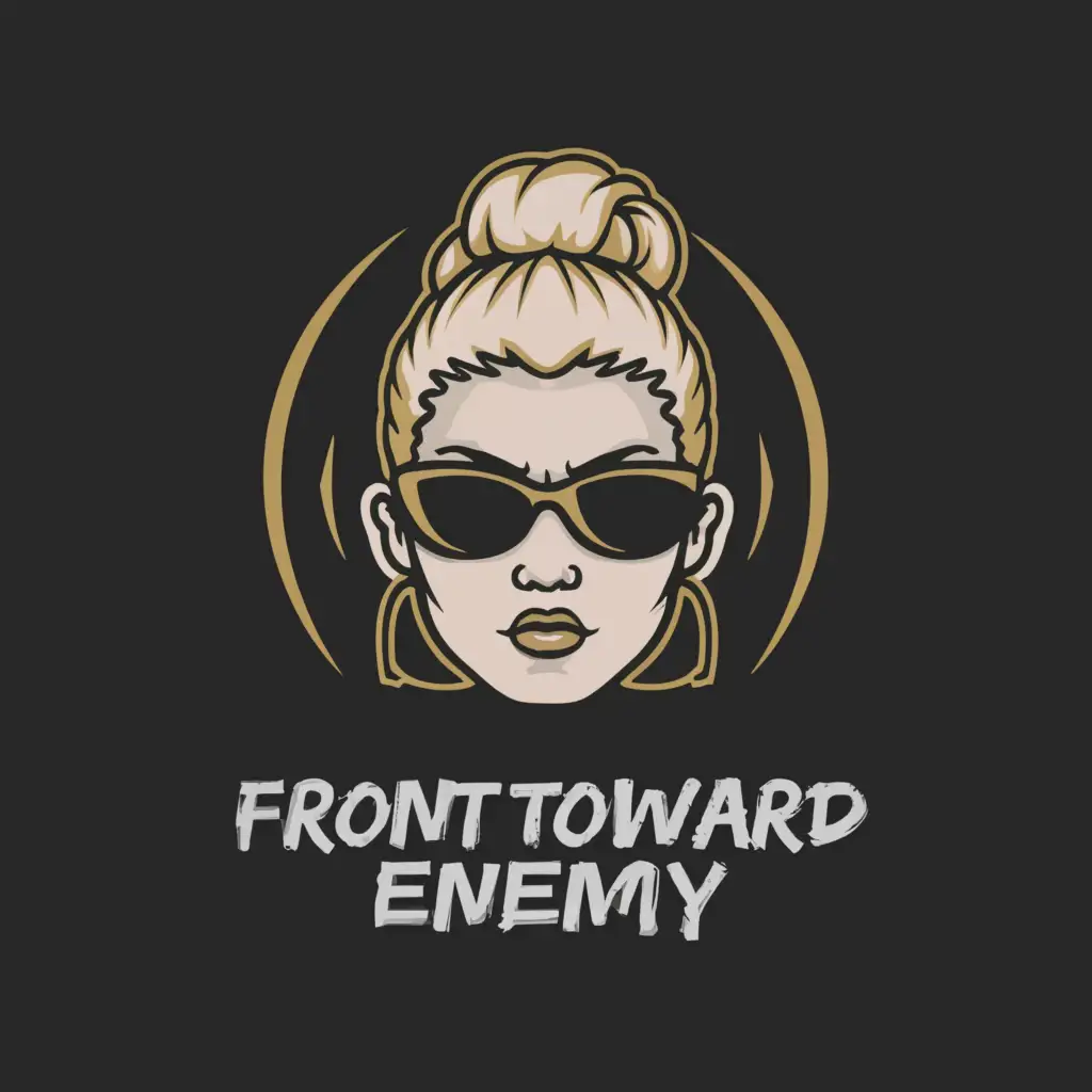 a logo design,with the text "Front Toward Enemy", main symbol:girl head blonde, high bun hairstyle, wearing sunglasses on forehead,Moderate,clear background