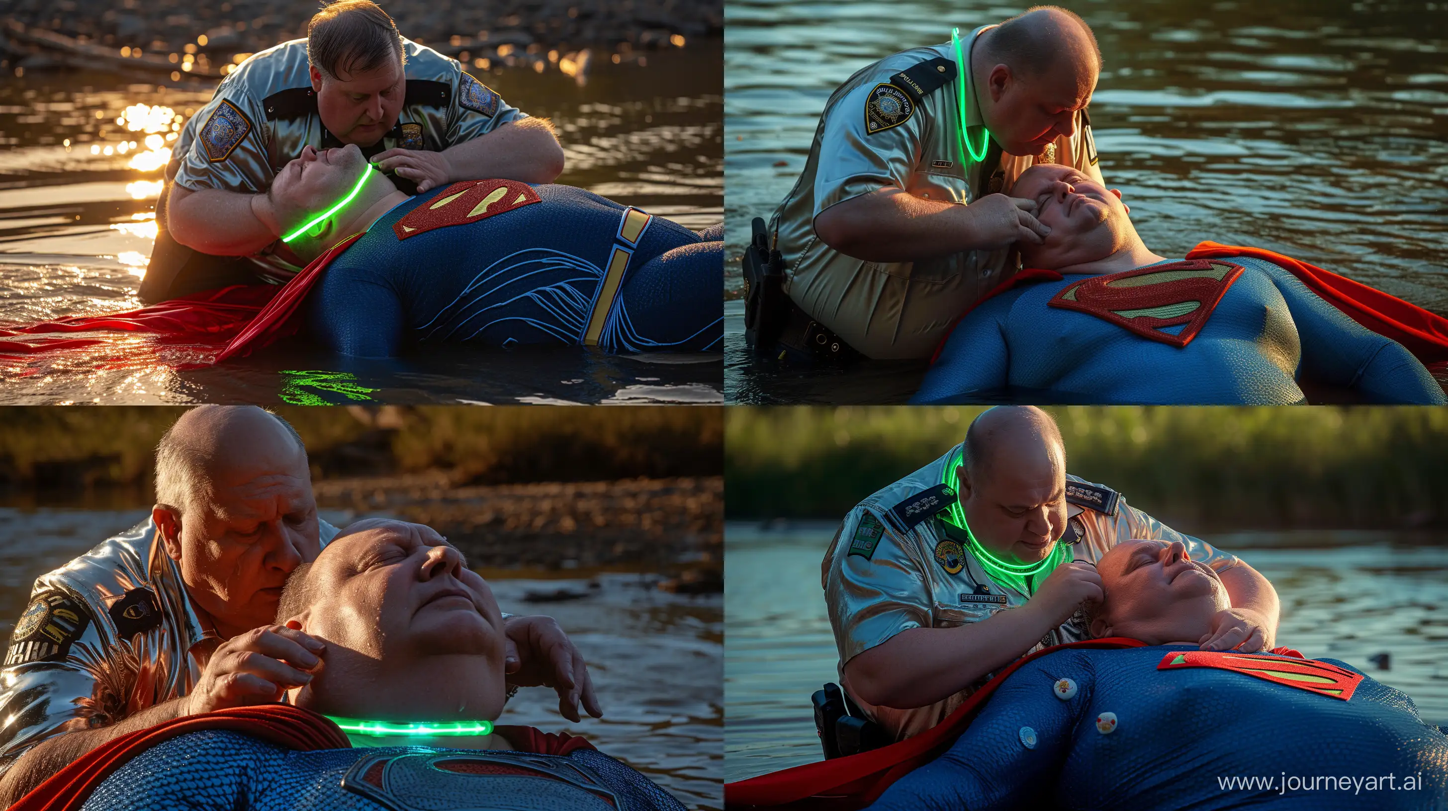 Close-up photo of a fat man aged 60 wearing silk police uniform. Bending and putting a tight green glowing neon dog collar on the nape of a fat man aged 60 wearing a tight blue 1978 superman costume with a red cape lying in the water. Natural Light. River. --style raw --ar 16:9