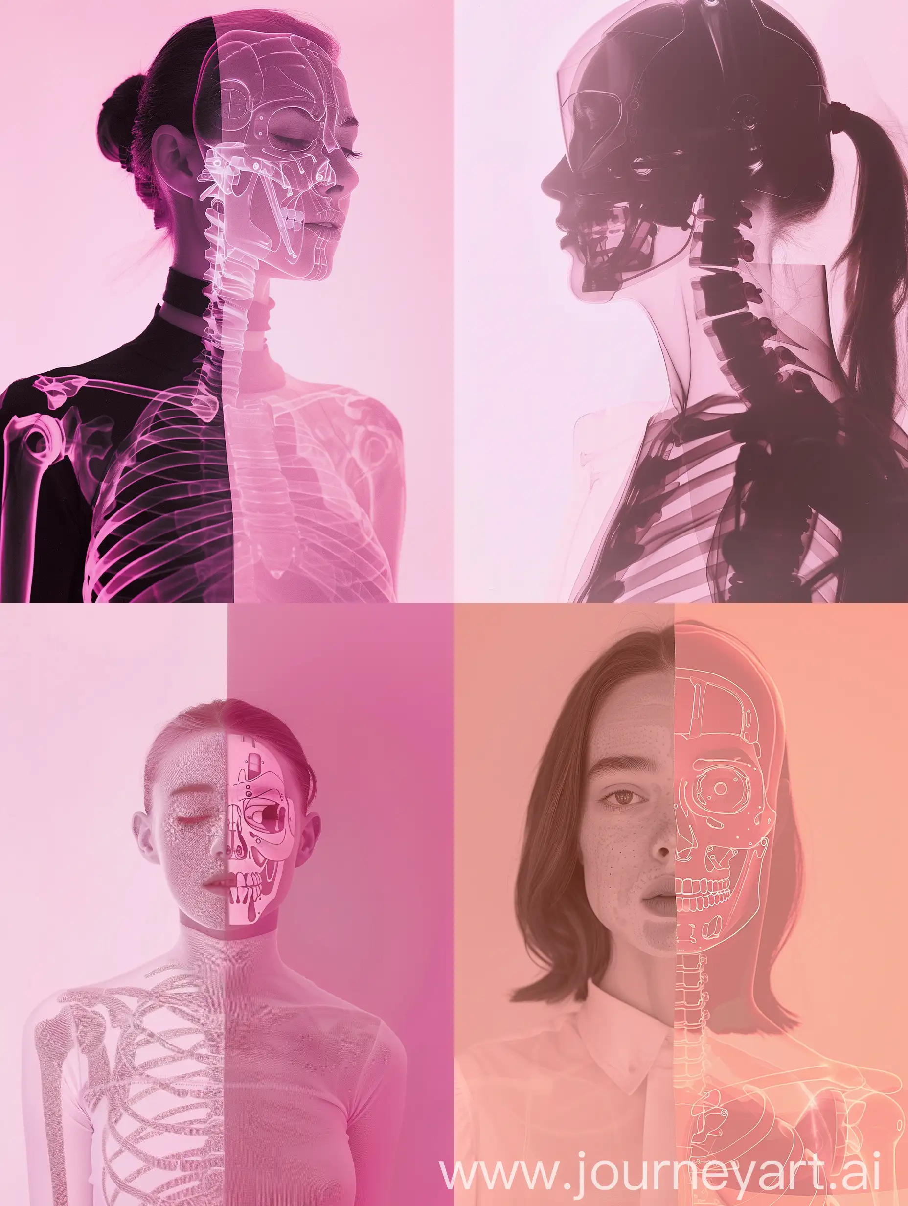 absurd, fine-art photography, half woman half robot, of a woman, x-ray, light-pink lighting, in the style of minimalism photography, studio photography --ar 3:4 --v 6.0 --style raw


