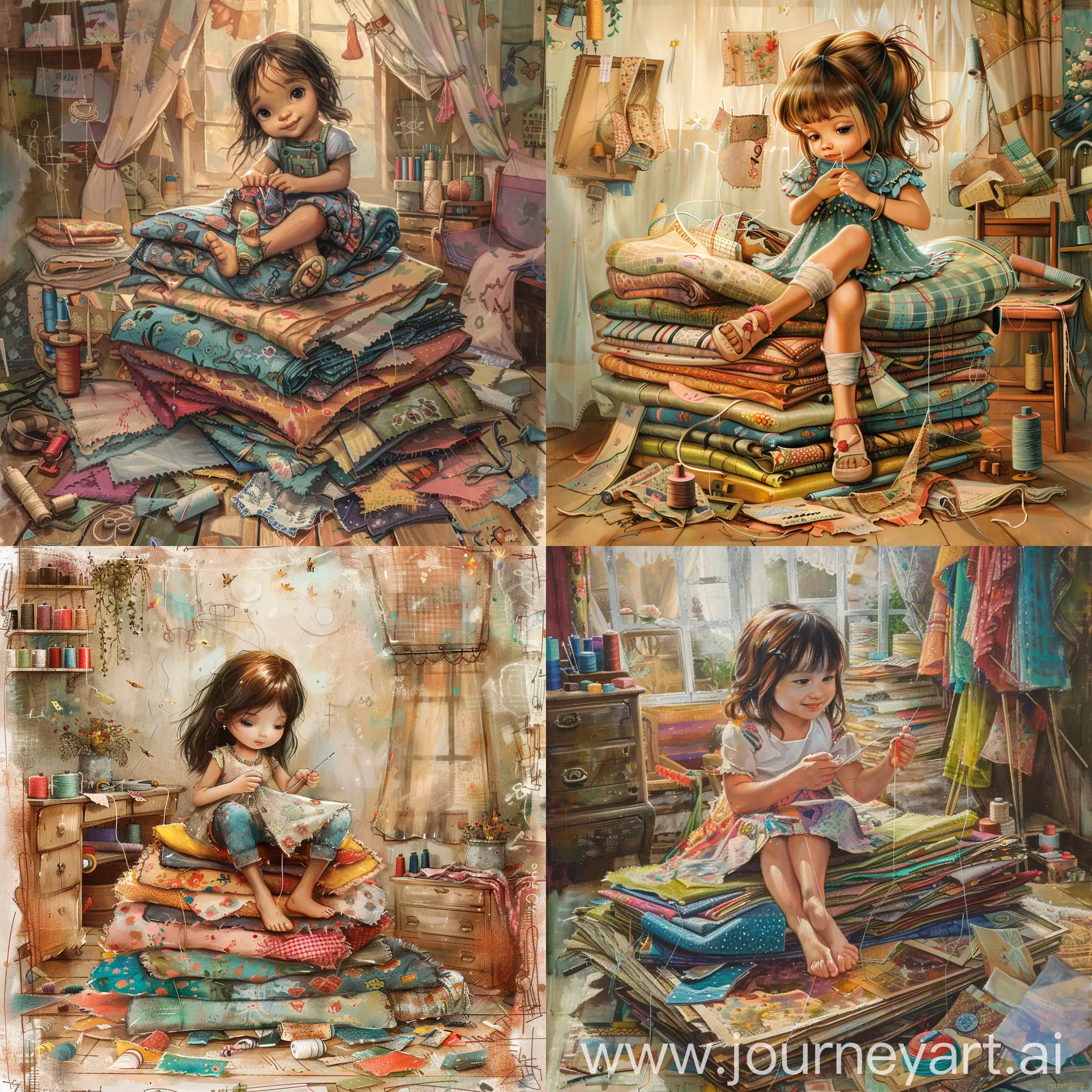 Prompt: a painting of a little girl sitting on a stack of fabric, scraps of fabric scattered on floor. she is a holding a needle and thread, hand sewing a piece of fabric. airbrush whimsical. background is a cute sewing room
