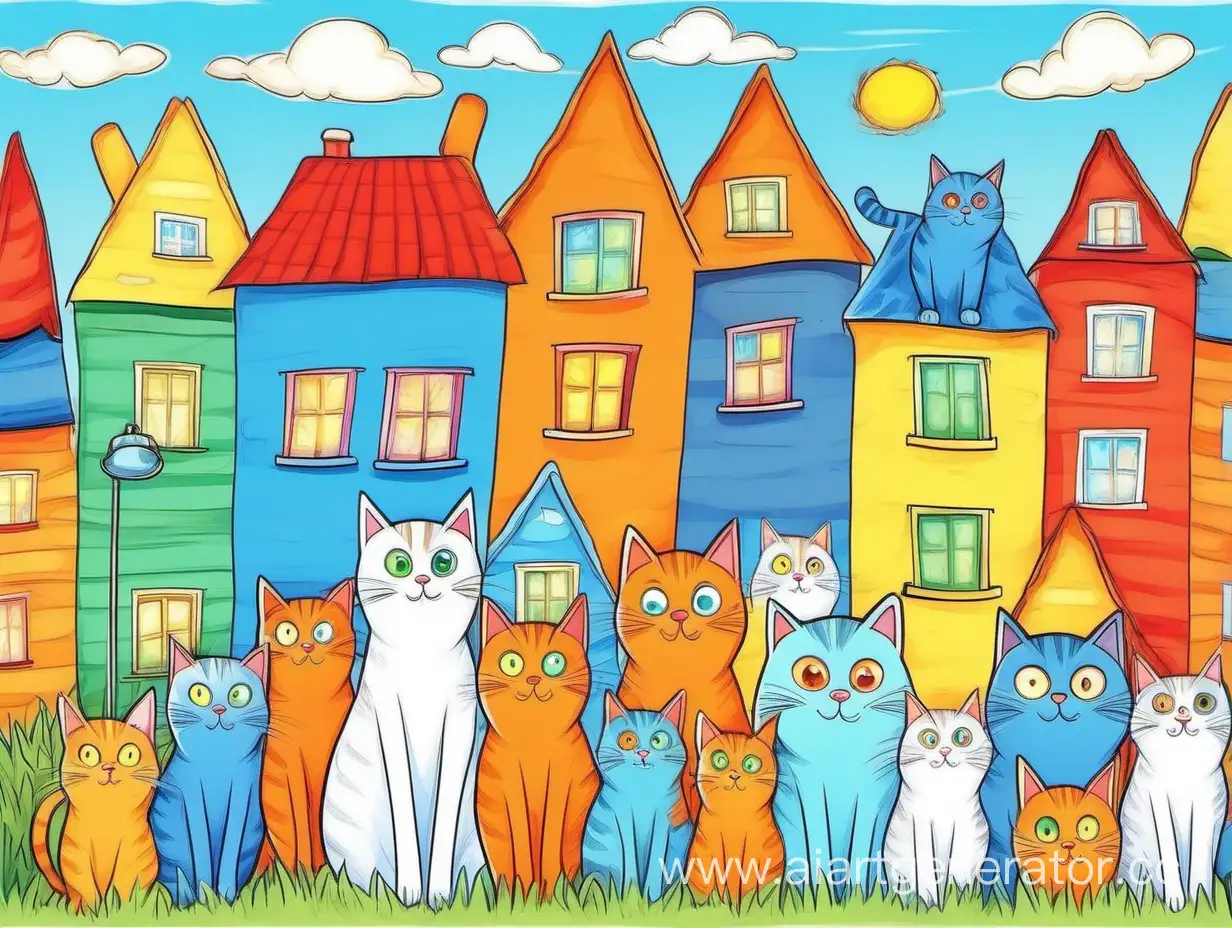 Colorful-Cats-Family-Enjoying-Sunny-Day-Among-Vibrant-Houses