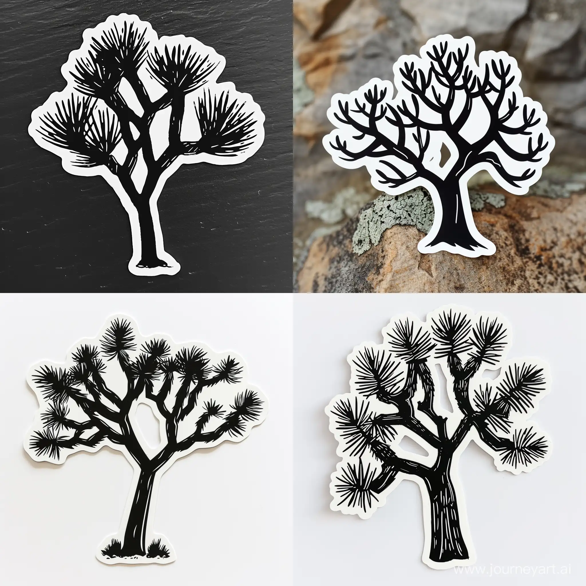 simple sticker of a joshua tree in modern black and white, stylized like pictographs