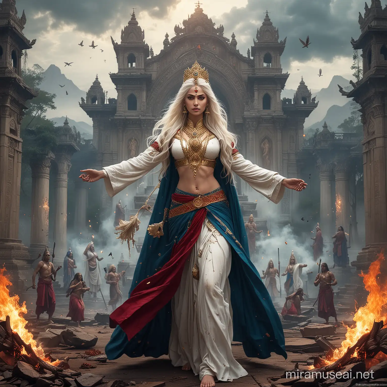 Hindu Empress Goddess Summoning Fire with Demonic Deities in Dark Valley