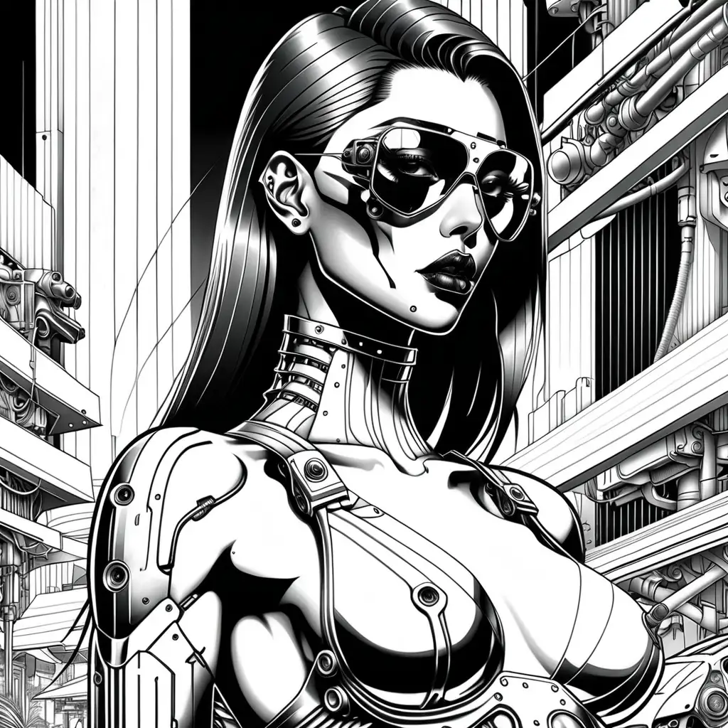 Detailed Cyberpunk Fashion Scene Coloring Book Inspired by Hajime Sorayama