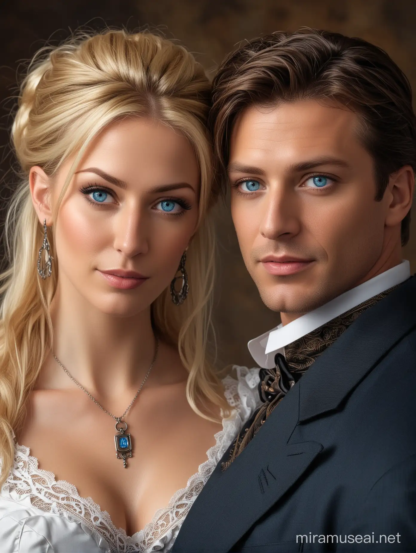 Beautiful couple photo of:
Alesandra Lala: Tall, blonde, blue eyes, authoritative woman, mid-30s (34 at Flira's birth).

Evord Lois: Cunning man, in his 50s, brown hair, piercing blue eyes, prominent in business.

Husband and wife, high quality artwork trending award-winning, exquisite, detailed, stunning, square picture, centered subject, steampunk style, steampunk photo, detailed, couple, HD, Photorealistic, 3D Photo, 3D.