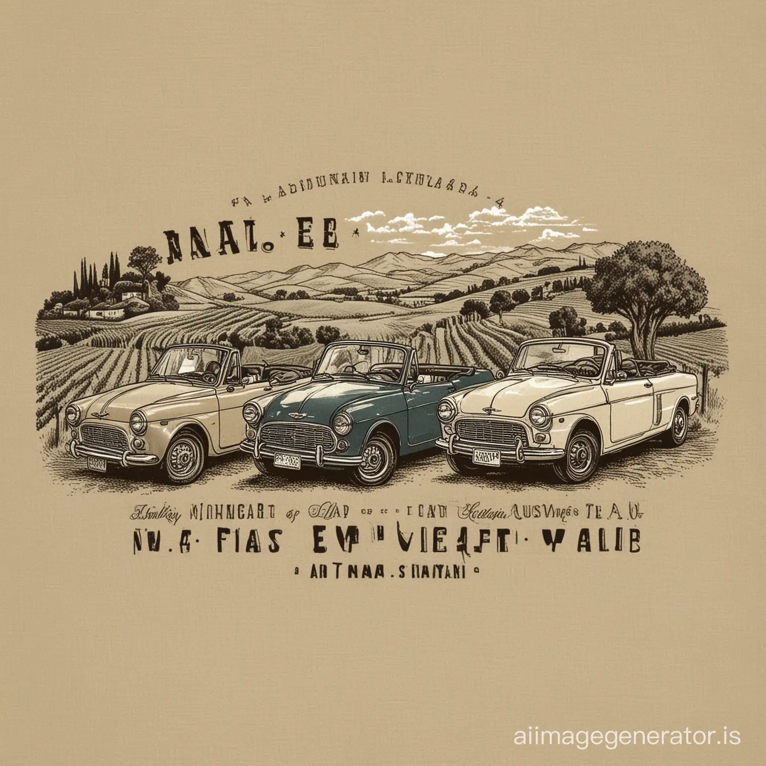 Create a T shirt design of Napa valley with four vintage fiats.  There must be no lettering on the design.