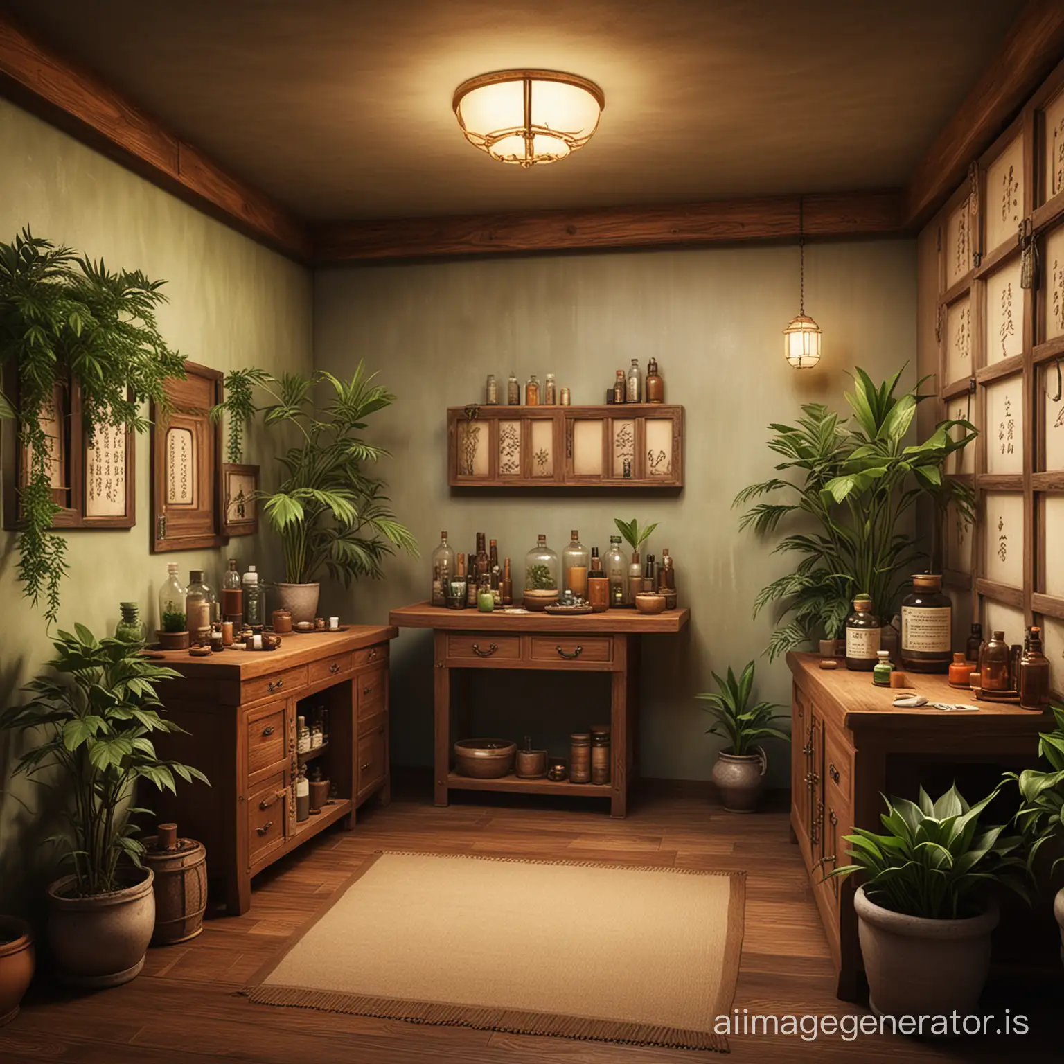 medical treatment room, fantasy art, friendly with two plants and only one treatment table with wooden frame, a cupboard with potions, room is in an Asian style, without ceiling lights, This should be in the middle of the room