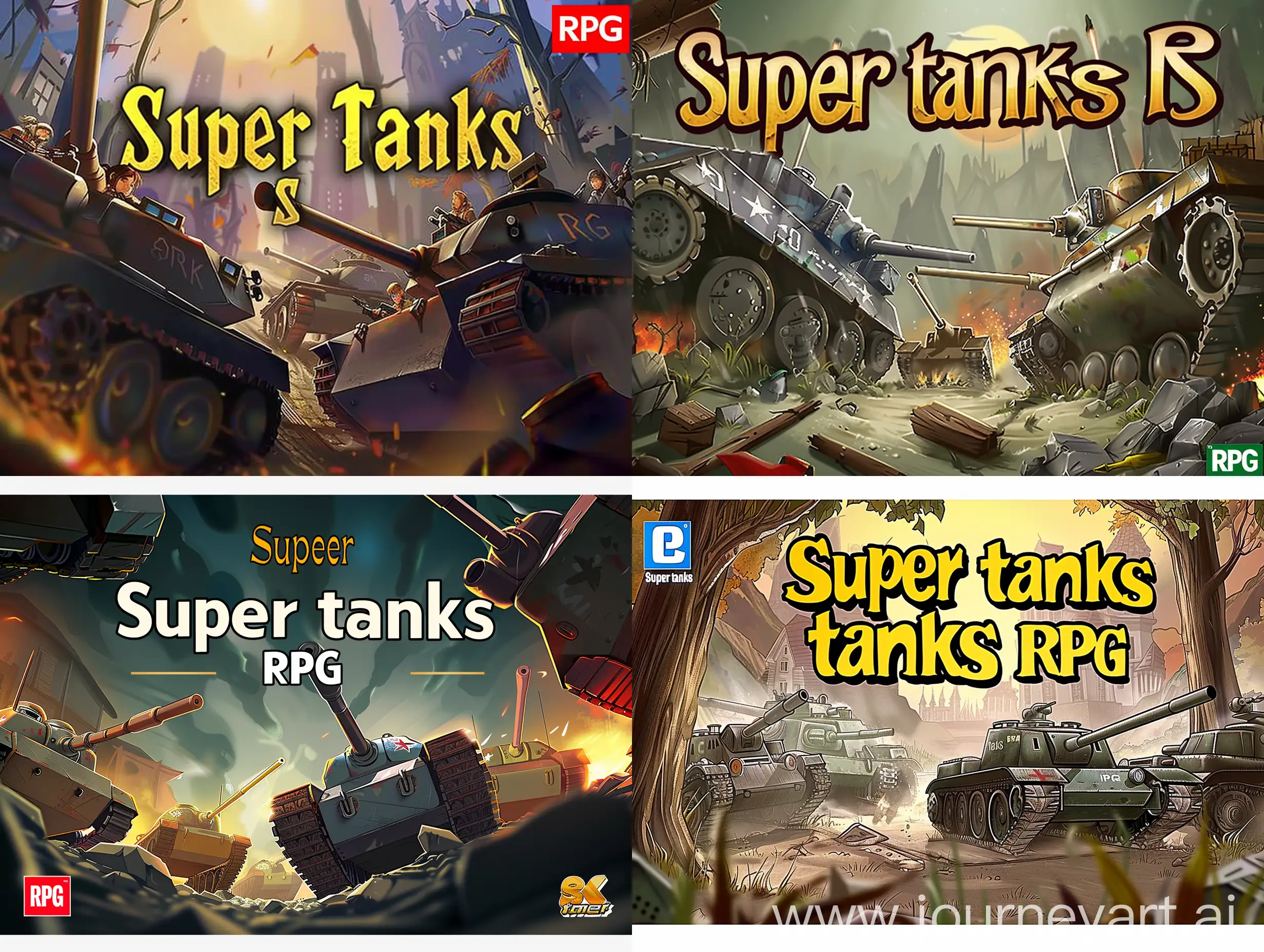 Computer game cover, 2D tanks, RPG, general, inscription “Super tanks RPG”