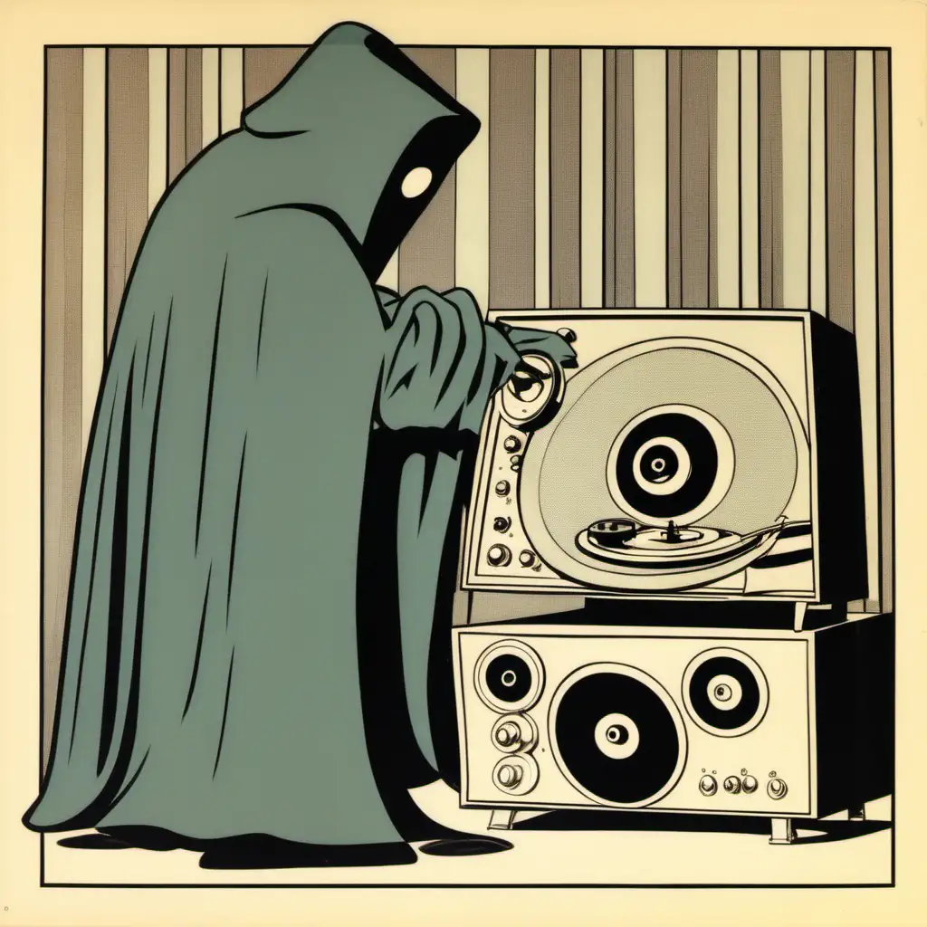 Enigmatic 1960s Cartoon Character Enjoying Vinyl Tunes