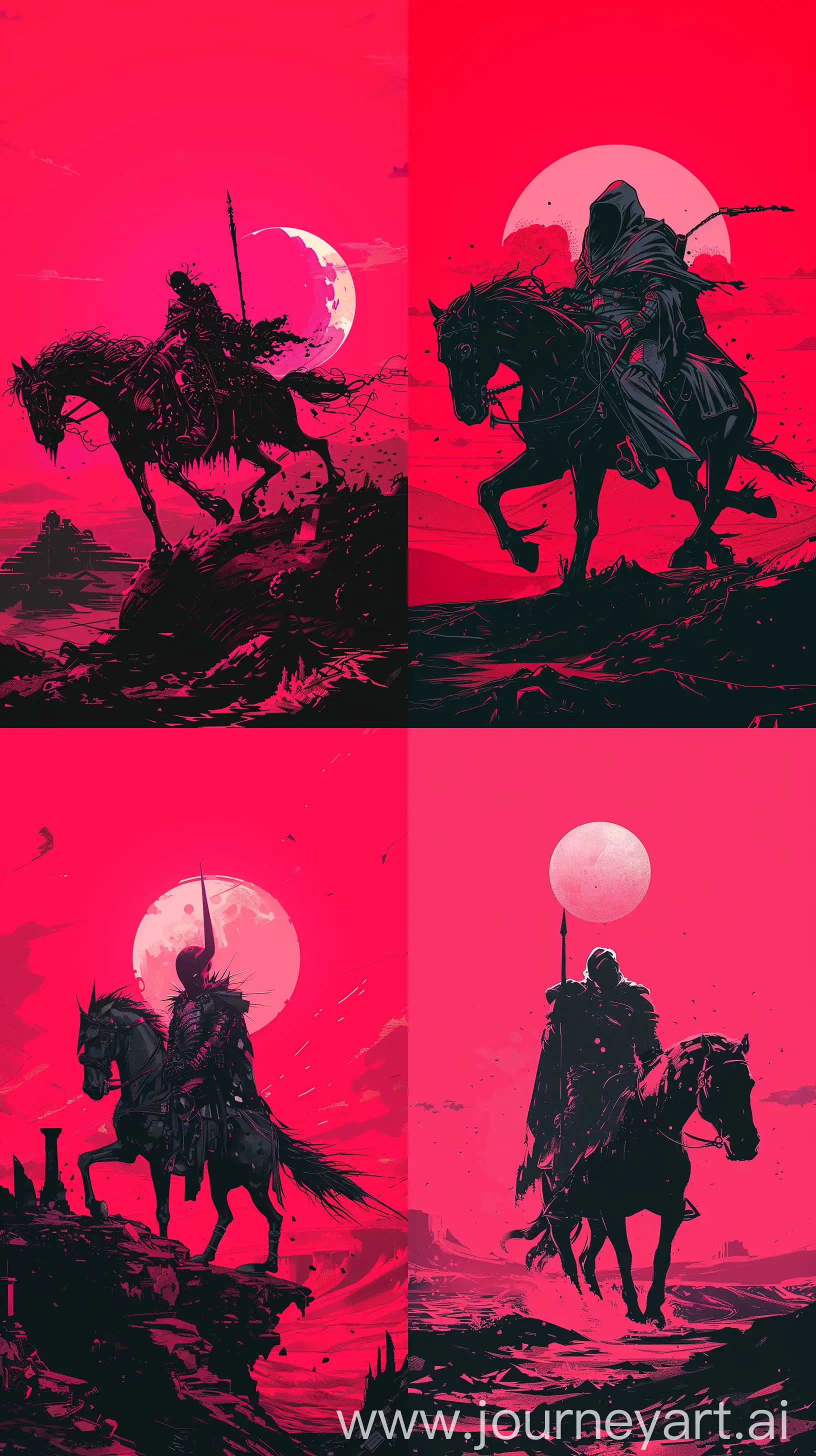 Depict a reimagined version of one of the Four Horsemen of the Apocalypse, adhering to Mignola's aesthetic. The character should be striking, with solid blacks and a minimalistic approach, set against a landscape that reflects the horseman's domain, whether it be war, famine, pestilence, or death. 8k uhd Maximalist Details, phone wallpaper, bright pink --ar 9:16