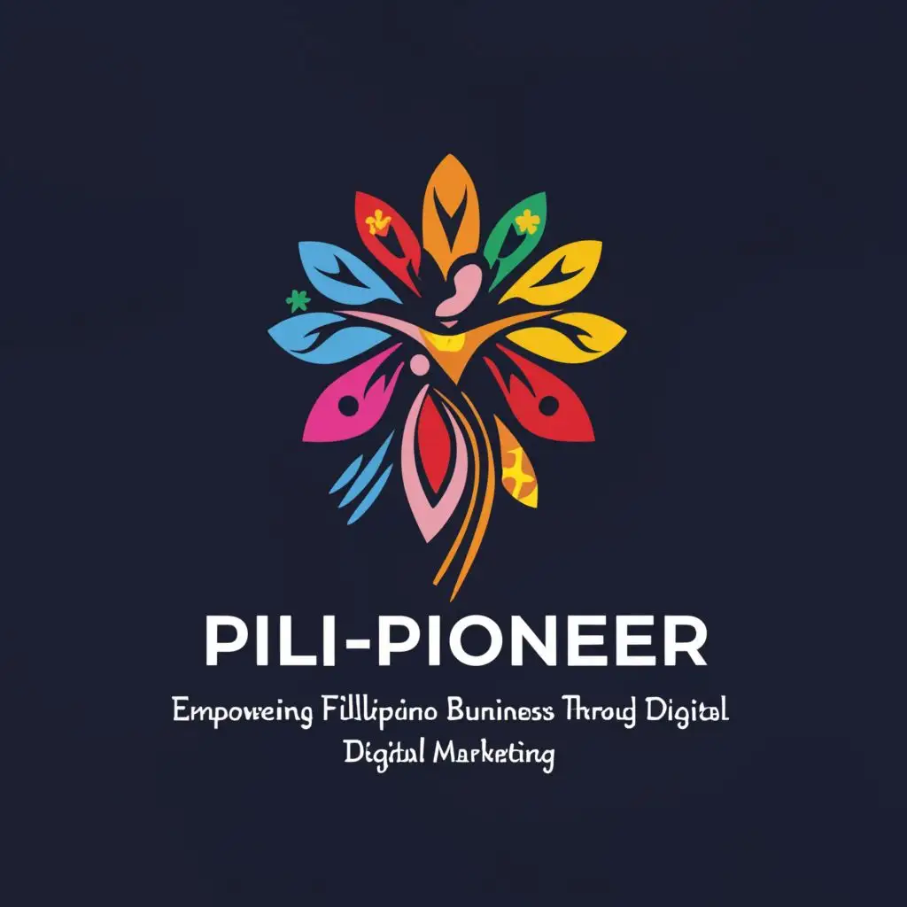 a logo design,with the text ""PILI-PIONEER: EMPOWERING FILIPINO BUSINESSES THROUGH DIGITAL MARKETING"", main symbol:FILIPINO FESTIVAL LIKE DANCE, FLOWER, AND PHILIPPINE FLAG,complex,be used in Events industry,clear background