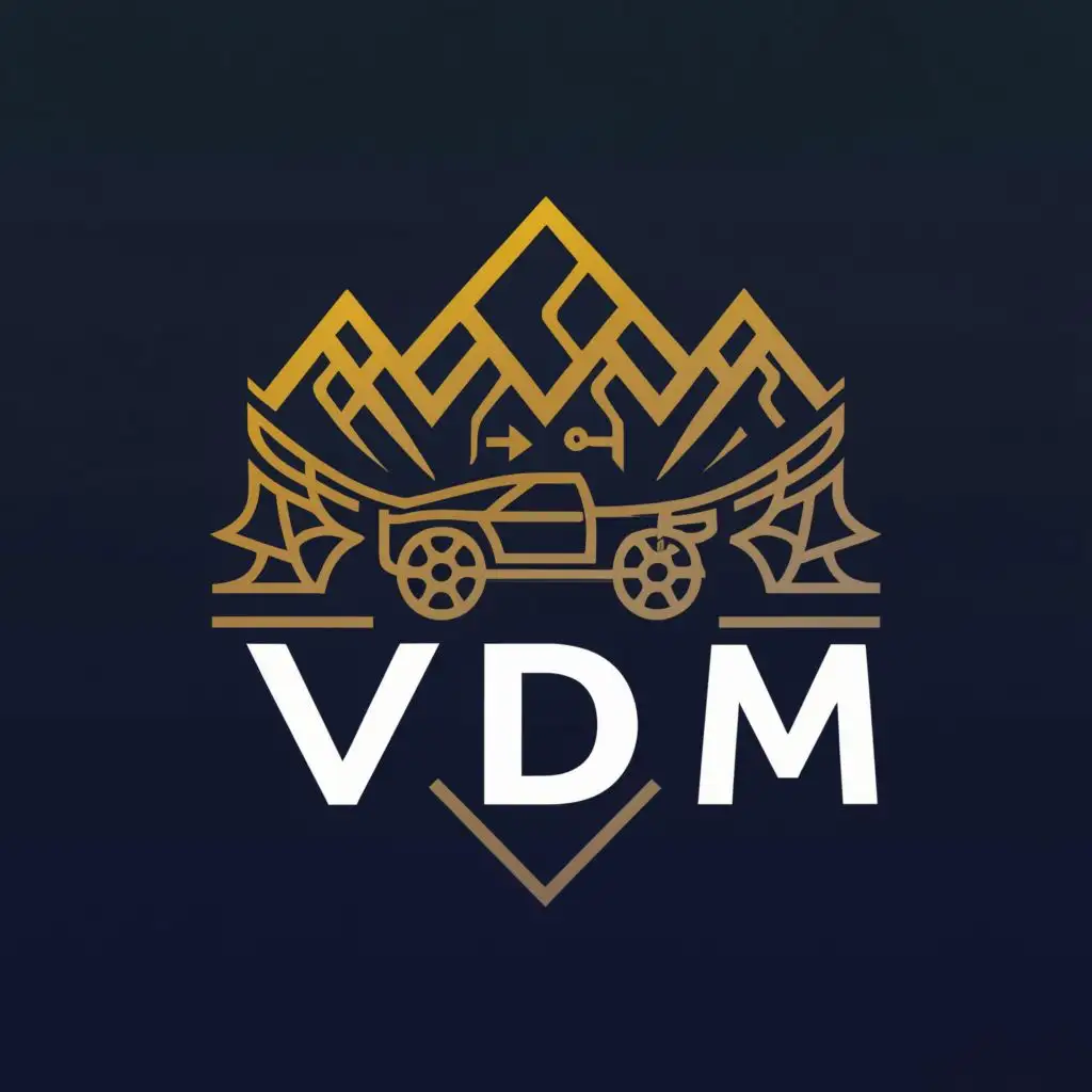 a logo design,with the text "VDM", main symbol:car ,bike,mountains,society,celebration,fun,complex,clear background