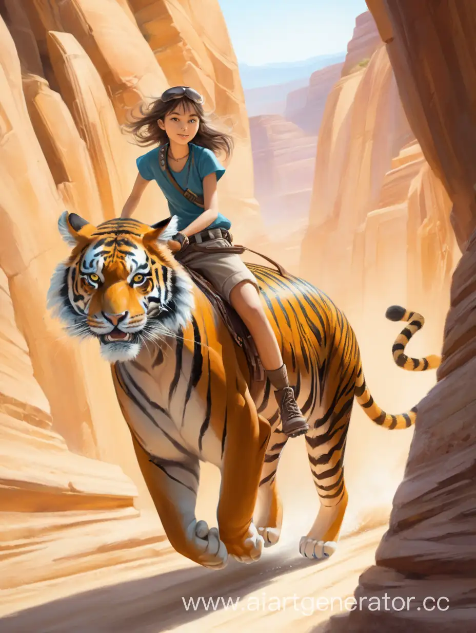 一个女孩骑着老虎奔驰在峡谷之中