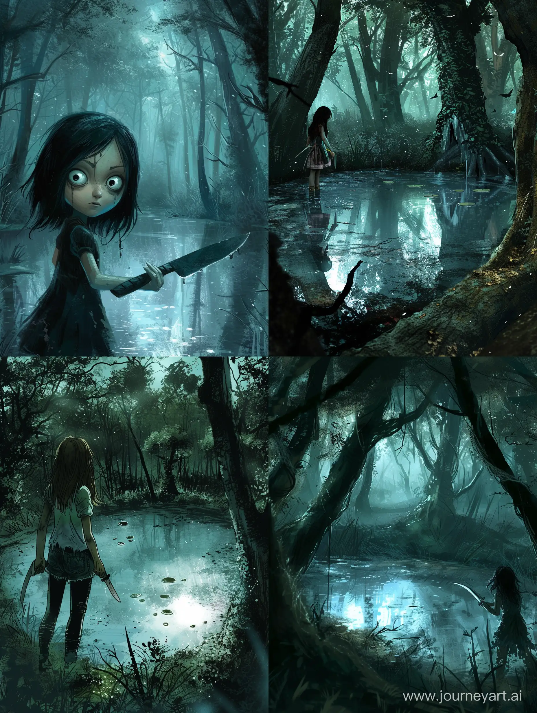 A scary forest with a silver lake and a girl holding a knife 