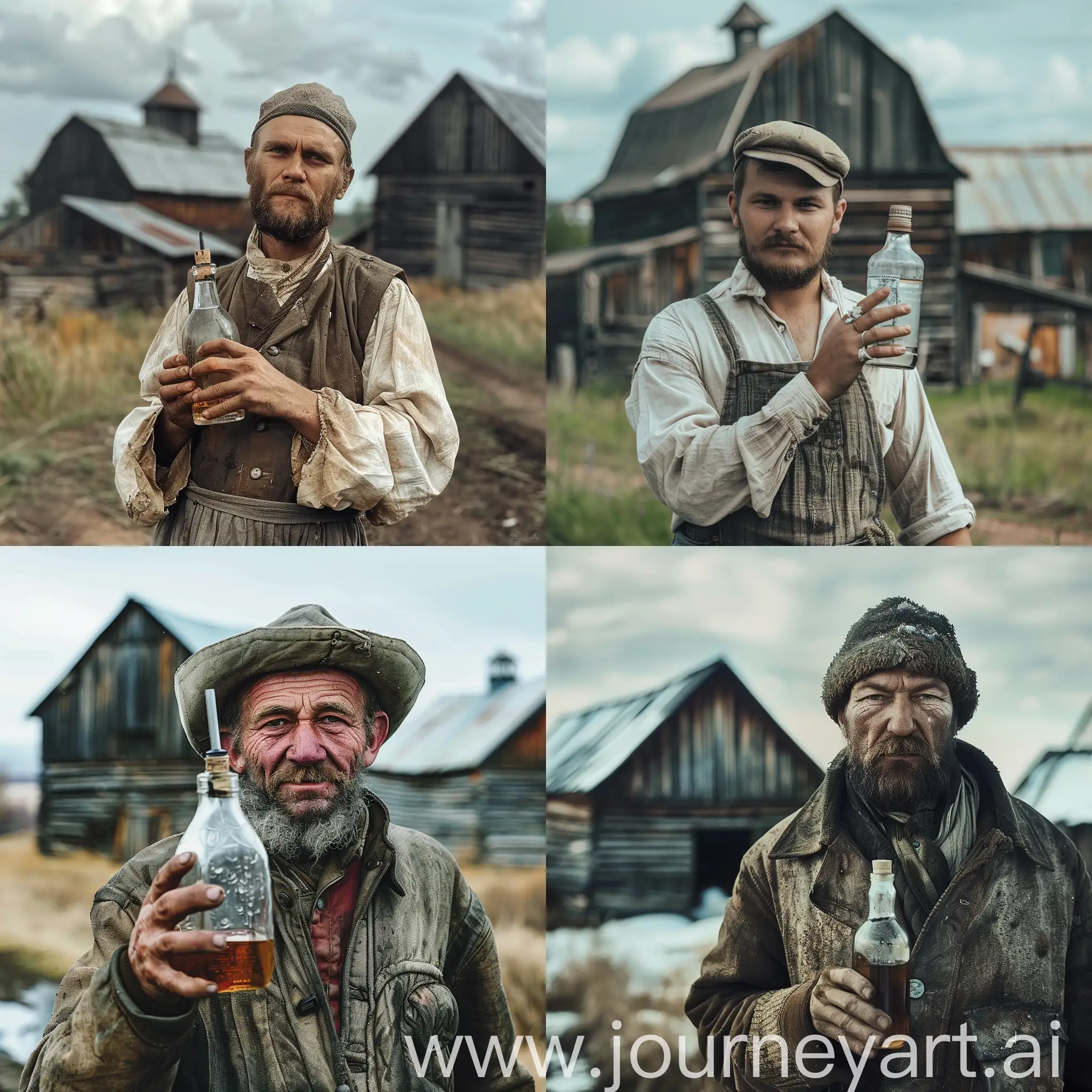 Russian-Man-Holding-Moonshine-Bottle-in-Front-of-Barns