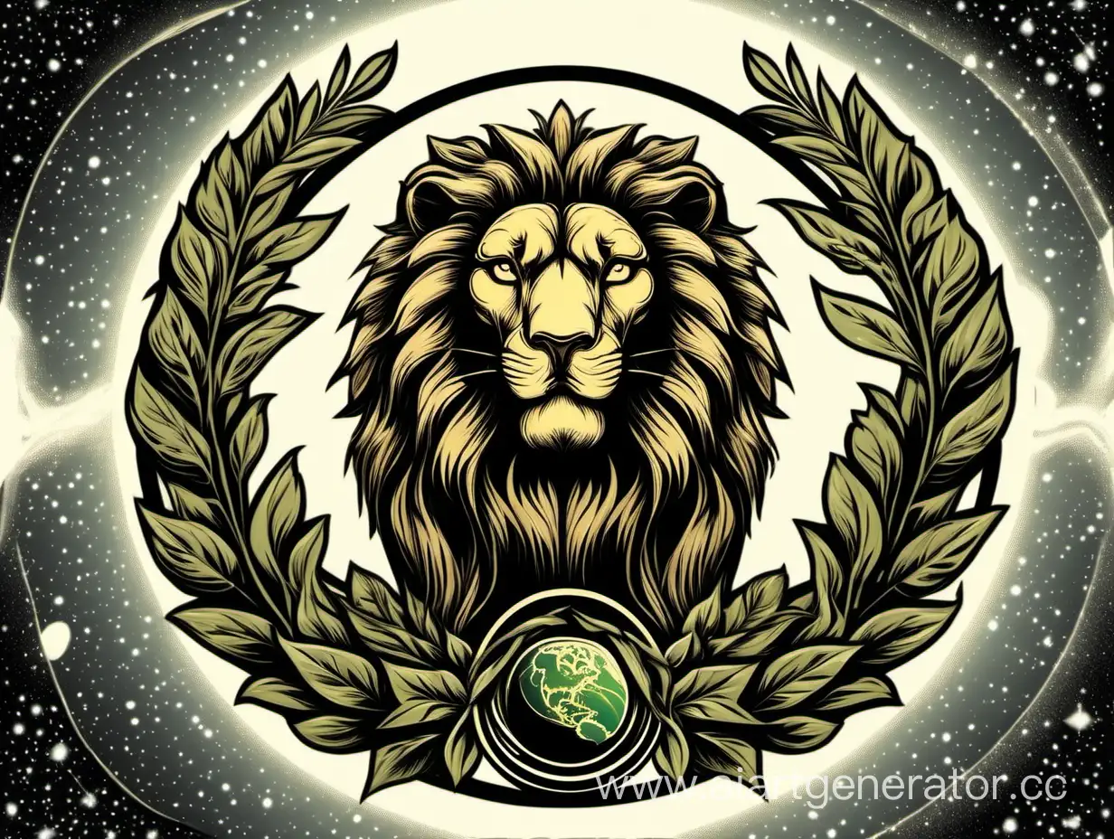 Логотип на котором изображена голова льва в лавровом венке на заднем фоне располагаться  планета 