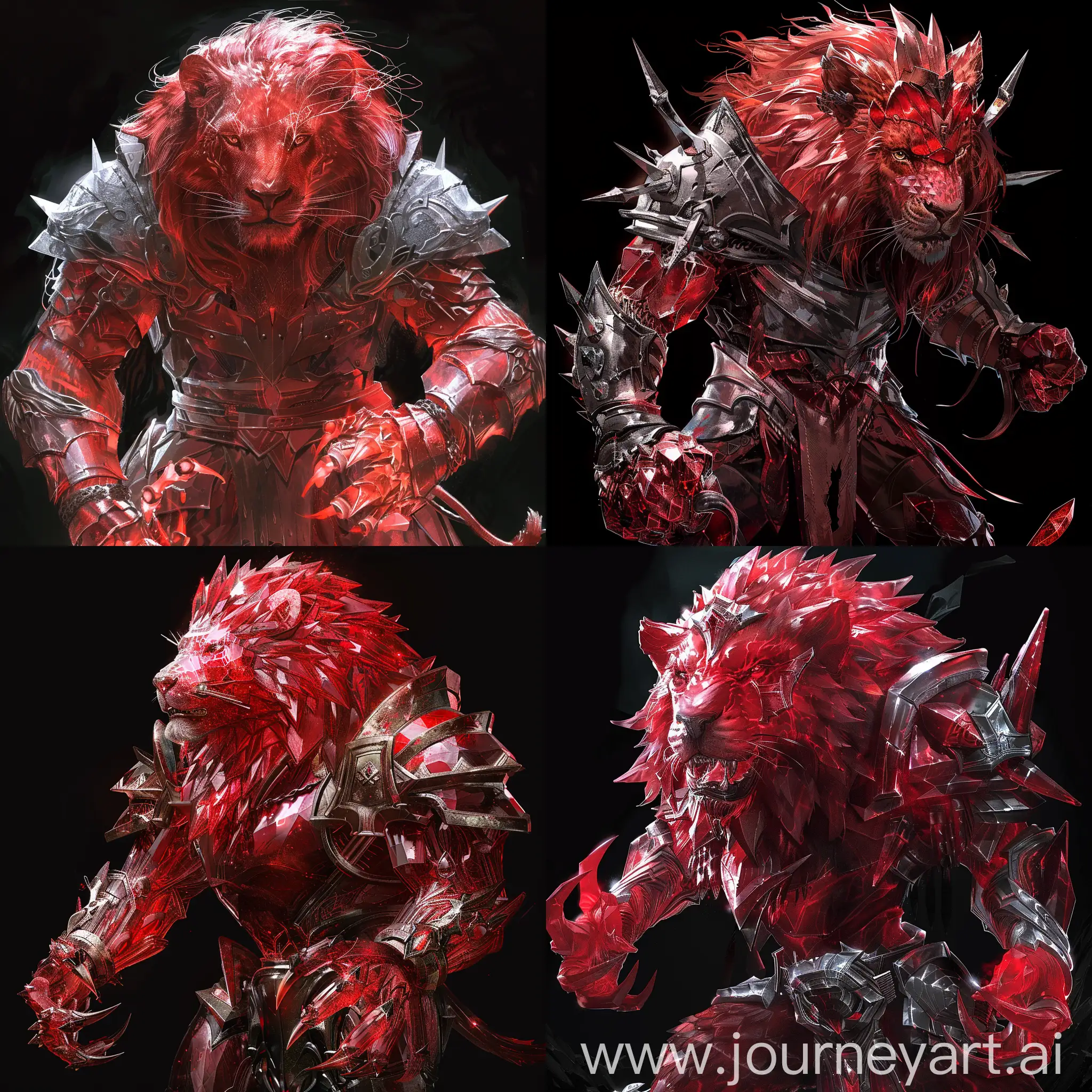 dnd red lion which is made of crystal.wearing armor and has talons on his hands.background is black