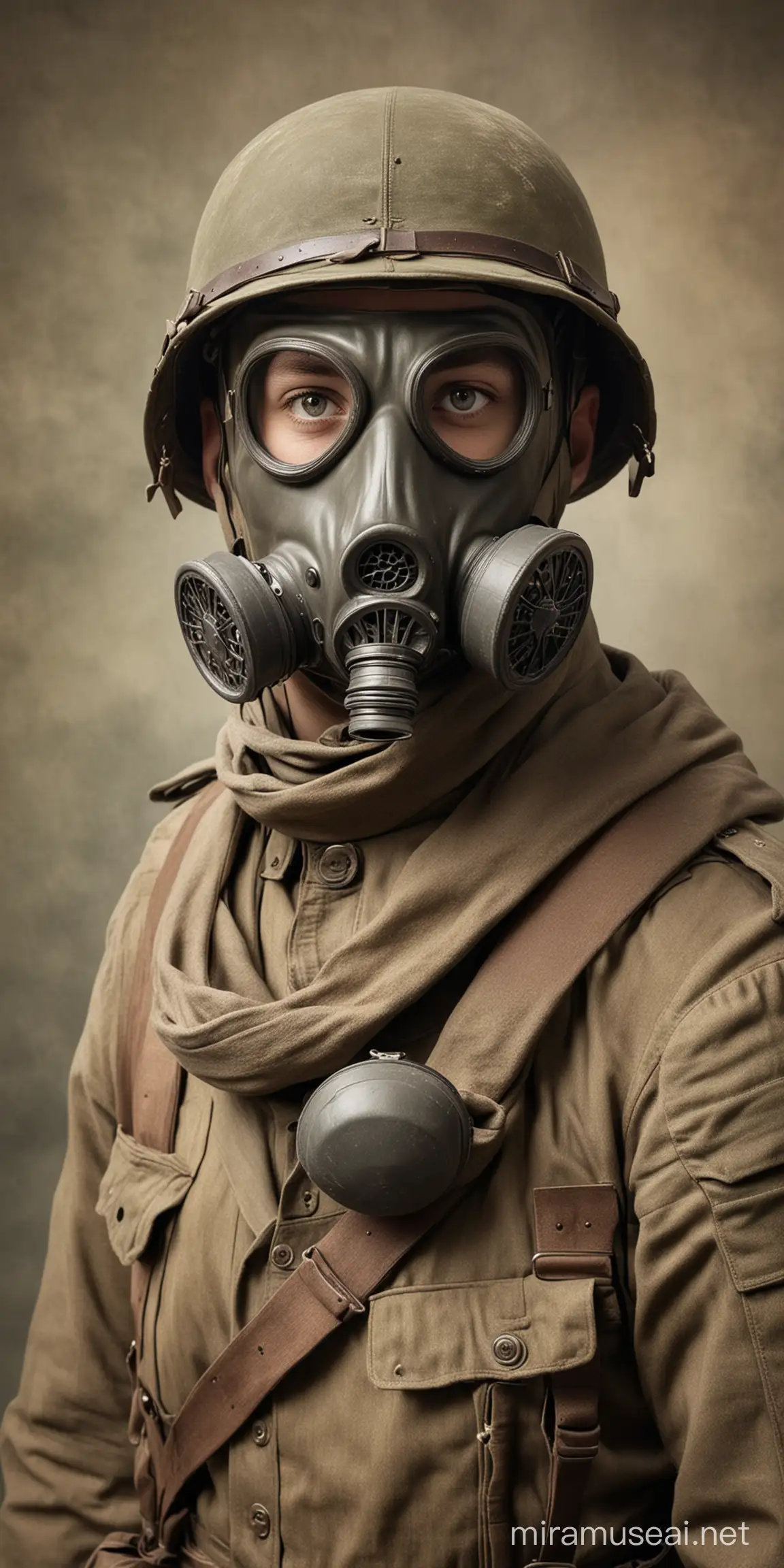 world war one soldier wearing a gas mask, one 
filter mask, Realistic mask and soldier