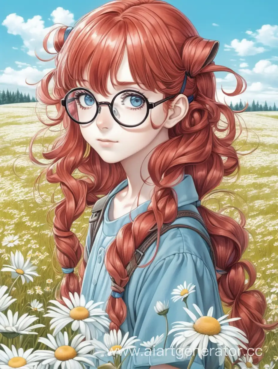рыжая девушка с волнистыми длинными волосами с двумя хвостиками в очках круглых со светло-голубыми глазами в поле ромашек старая рисовка аниме