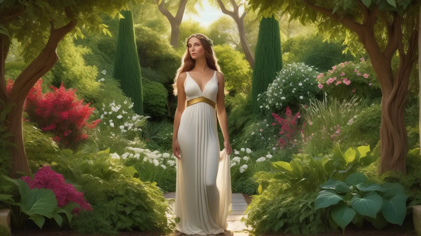 A captivating depiction of a woman from the Bible, Eve, standing in a lush garden, her full body elegantly portrayed amidst vibrant foliage. The scene captures the serenity of the moment, with Eve's presence harmonizing with the natural beauty that surrounds her, inspired by the biblical narrative and the timeless allure of a tranquil garden setting.