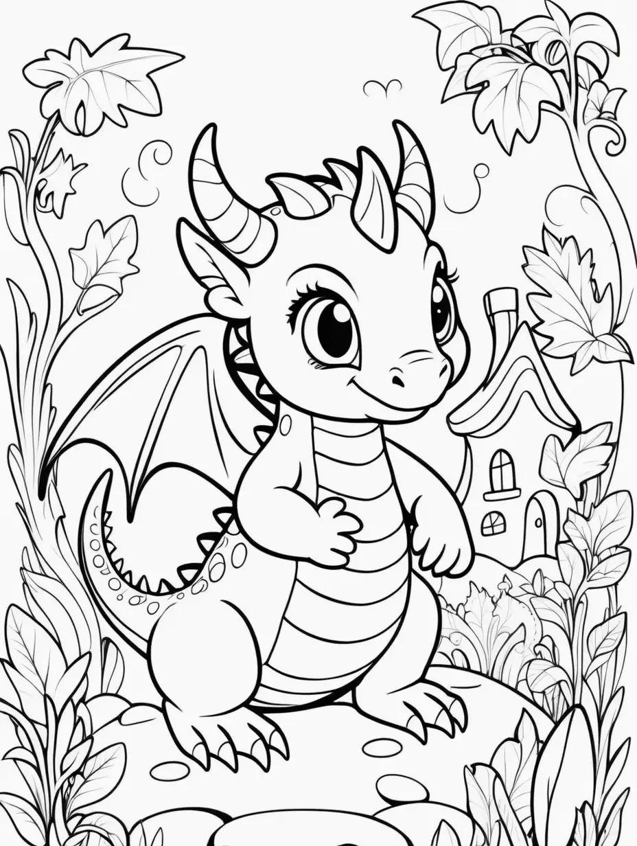 CUTE BABY DRAGON IN A MAGICAL LAND FOR COLORING