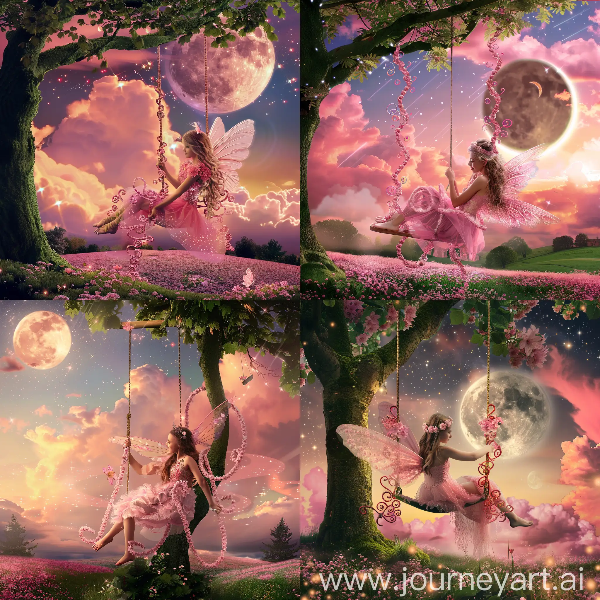 Enchanting-Night-Fairy-on-a-Pink-Flower-Swing-Under-the-Moonlight