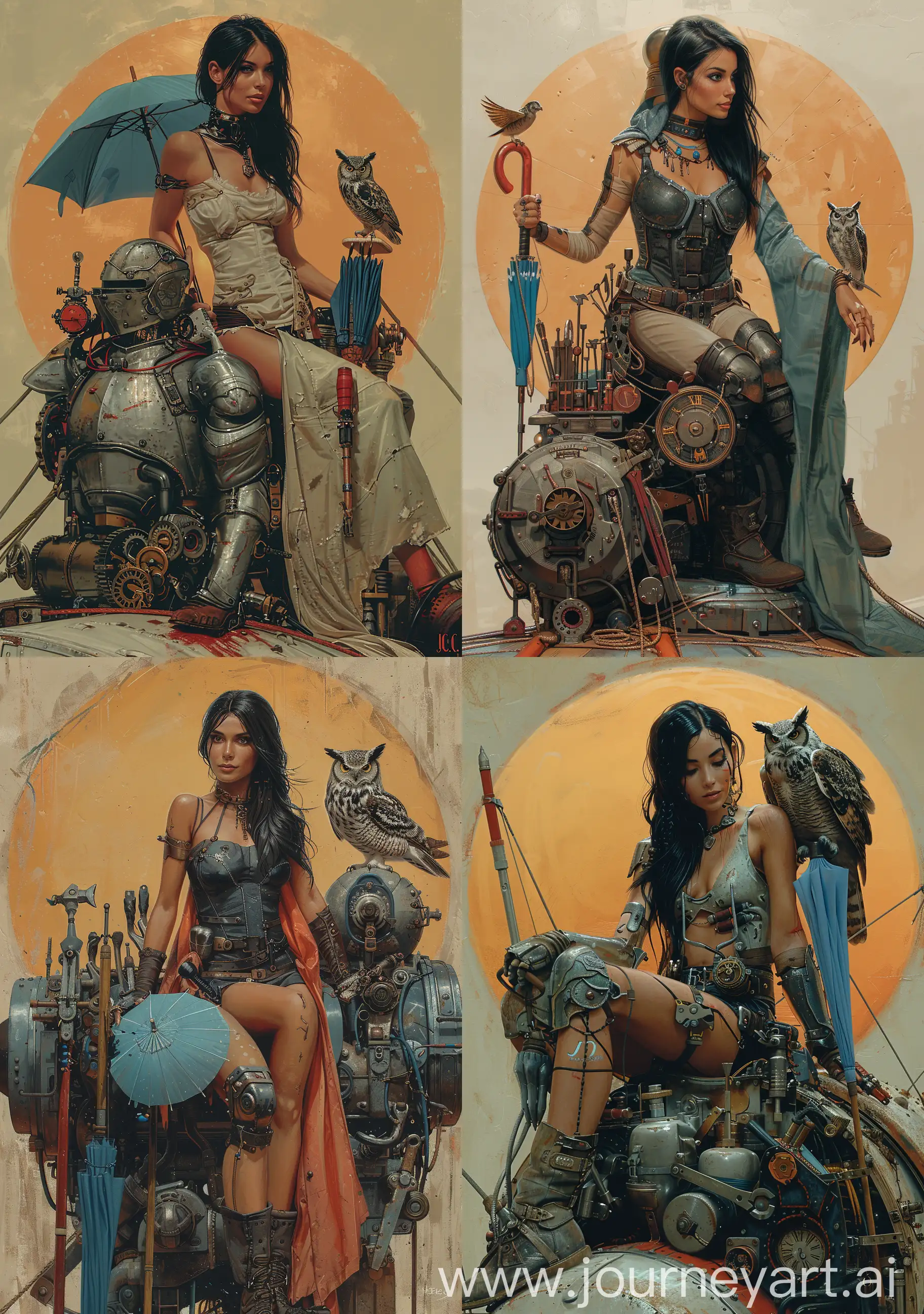A steampunk-style woman sitting on top of an airship, holding onto the winged hand brave in armor and with a blue umbrella. She has long black hair tied back into a high ponytail. The background is a round sun. In front of her stands many different tools for repairing things. There's an owl perched next to it. A large clockwork engine sits at their feet. In the style of J.C. Leyendecker. --ar 45:64 --stylize 750