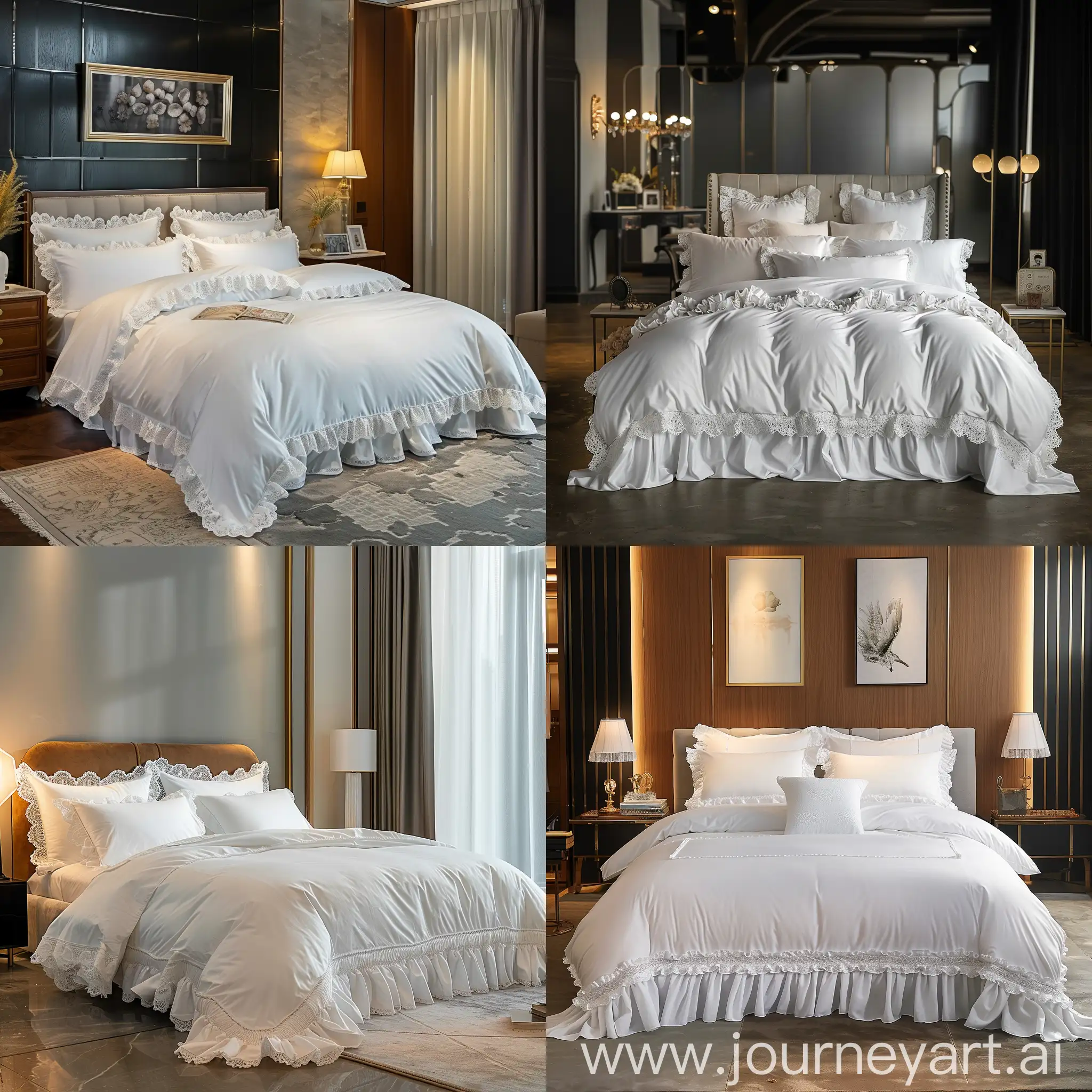 In a spacious bedroom adorned with American-style luxury and refinement, a grand bed sits at the center, dressed in exquisite white bedding that exudes an ethereal romantic vibe, symbolizing a yearning for a beautiful life. The design of each bedding item is thoughtfully curated, blending traditional and modern elements, with the bed skirt featuring delicate lace edges that showcase unparalleled elegance. The duvet cover and bed skirt are made from soft, pure cotton, while the pillowcase's ruffled edge adds a touch of softness and delicacy, highlighting its unique charm.

The room is illuminated with soft and cozy lighting, rendering every detail through high-definition pixel technology to make the space look more realistic and vibrant. It feels as if stepping out of a movie scene, imbued with a cinematic beauty that transports you into a story that is both modern and romantic. The layout and design details of the bedroom have been carefully planned to ensure that every aspect reflects the luxury and finesse of the American decorating style.