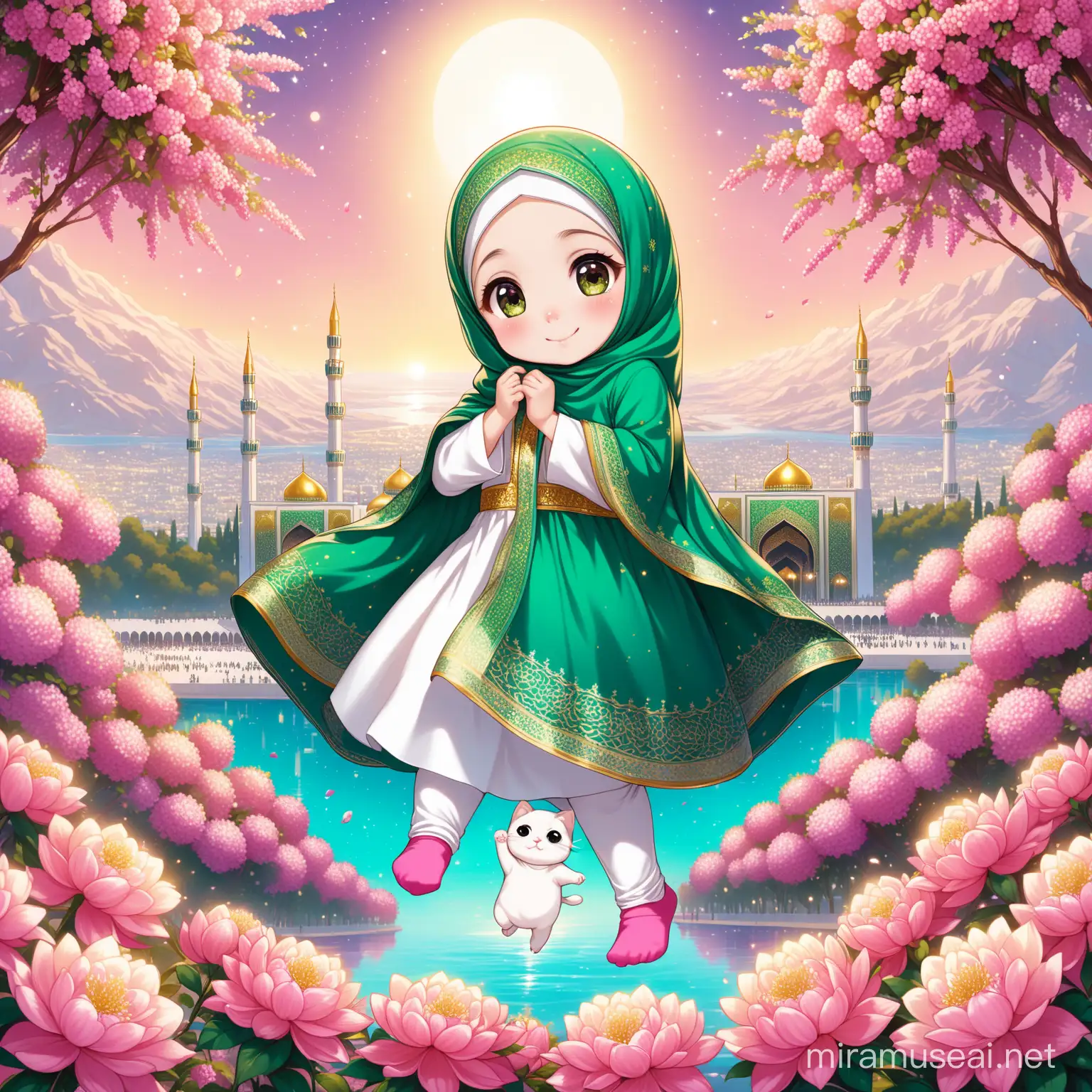 Character Persian little girl(full height, Muslim, with emphasis no hair out of veil(Hijab), small eyes, bigger nose, white skin, cute, smiling, wearing socks, clothes full of Persian designs).

Atmosphere shrine of Imam Reza, nice flag of Iran proudly raised, firing satellite to sky and full of many pink flowers, lake, sparing.