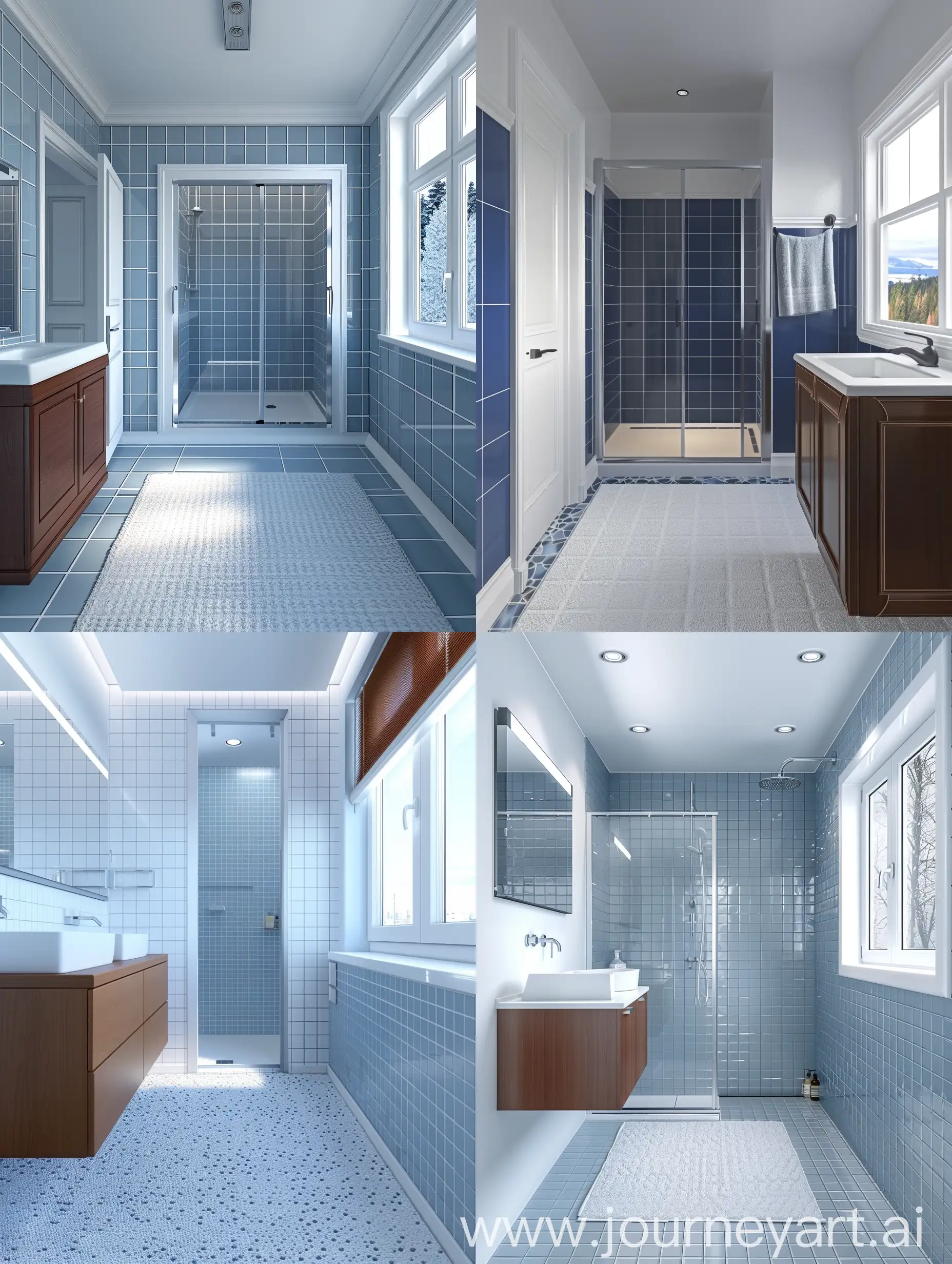 Modern-Bathroom-with-Blue-Tiles-and-Brown-Sink-Cabinet