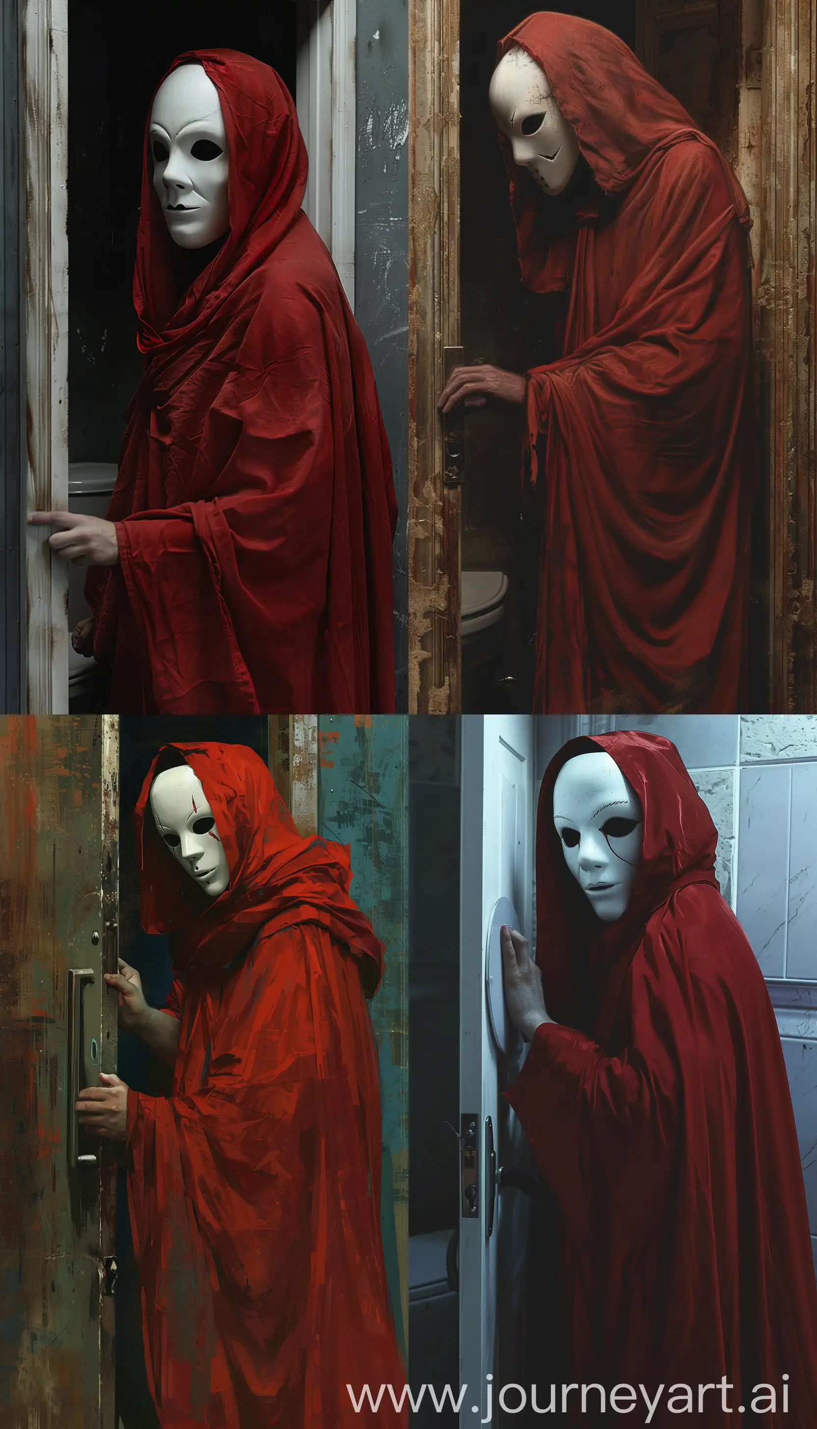 "Akamanto, an entity with a white mask devoid of eyes and nose, draped in a red cloak, knocking on the door of a restroom, eerie." --ar 4:7 --v 6 
