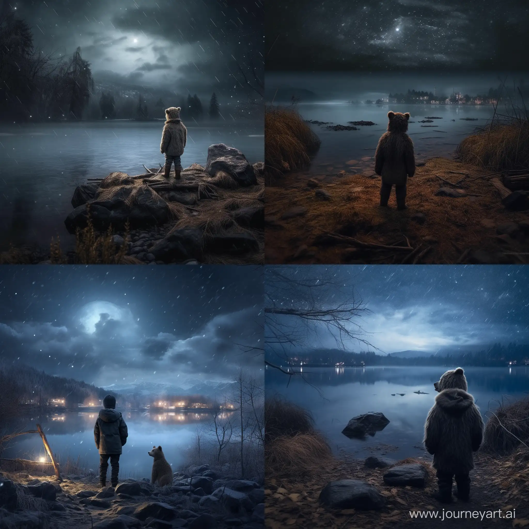 north, a boy in a fur coat stands near the river, a big dipper stands nearby, night, gloomy atmosphere, hyper-realism, 8K image quality, ultra detail