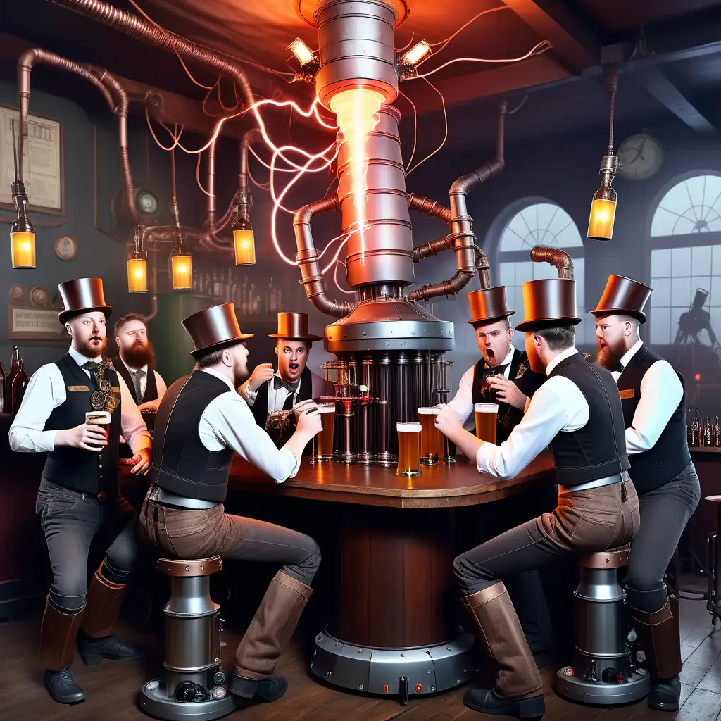 surrealistic image of a party of drunk electrical engineers in a steampunk pub with a tesla coil. An industrial robot serves the beer.