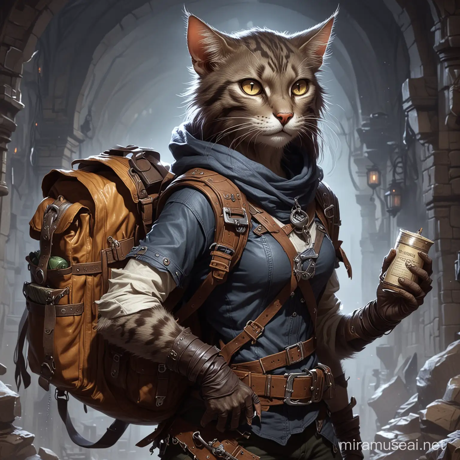 A female werecat who is a thief and has many items in a backpack in dungeons and dragons