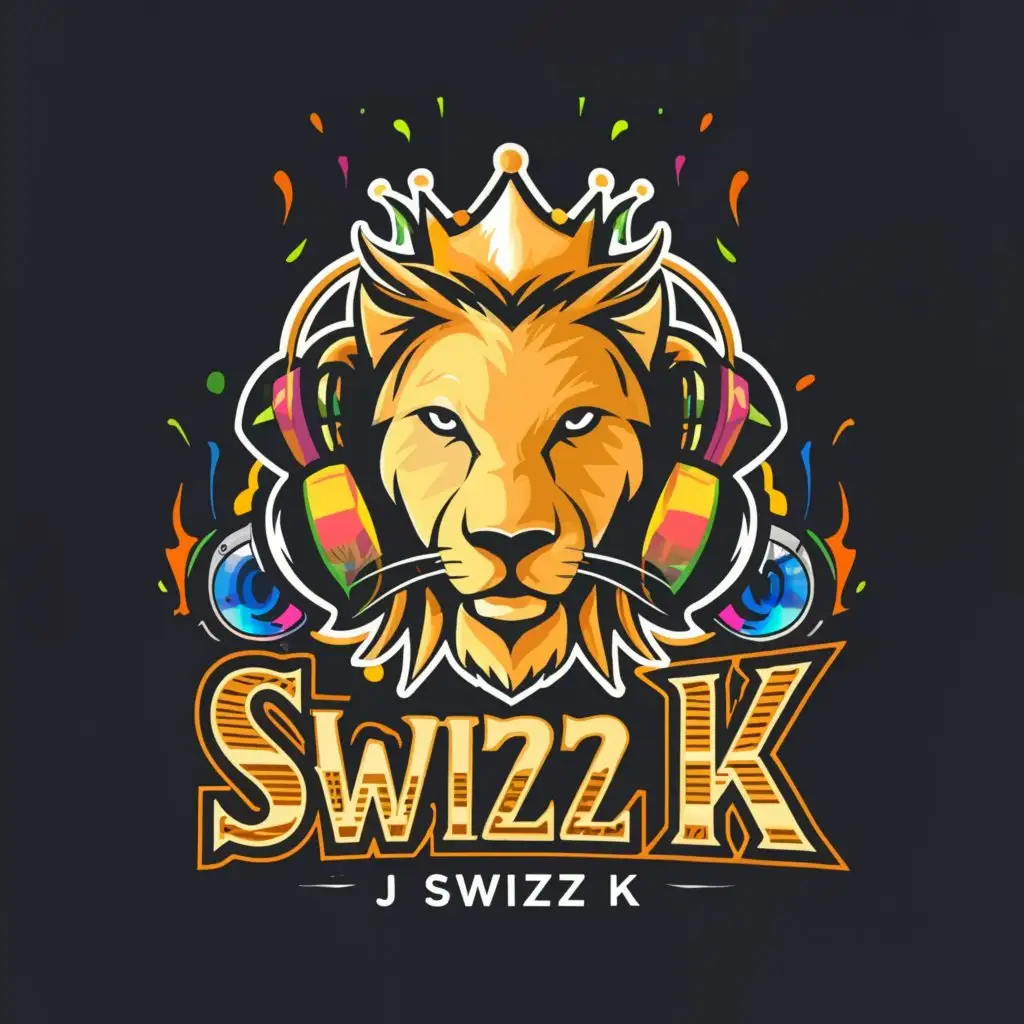 a logo design,with the text "DJ SWIZZ K", main symbol:A CROWN ON A FACE OF A LION WITH TURN TABLES,complex,be used in Entertainment industry,clear background