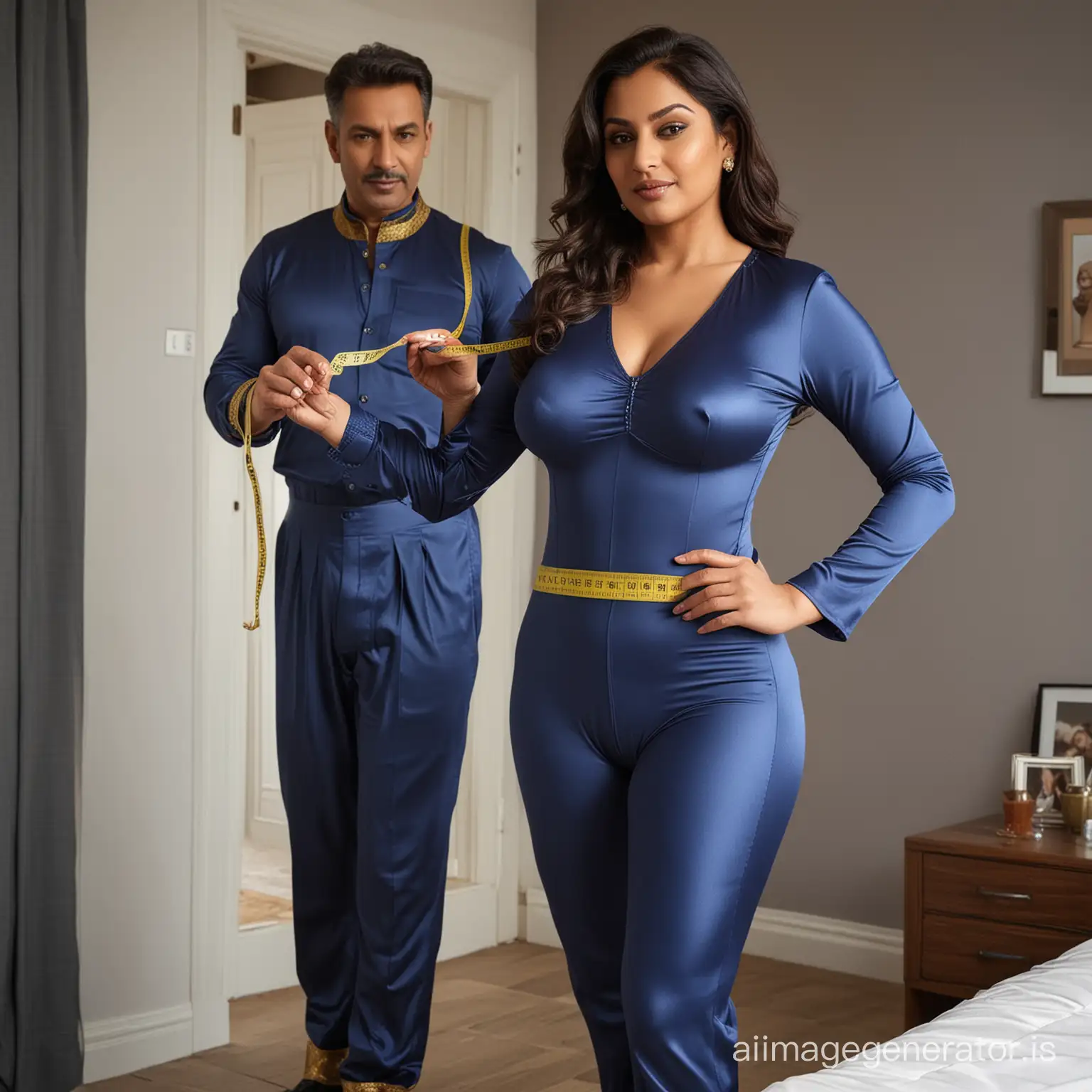 Generate full body view  image of a 50 year old male tailor wearing T shirt and pant taking breast size of a 40 year old very busty and curvy  Indian woman  by a measuring tape in a bedroom. the woman is wearing skin tight very shining  blue satin full sleeve and full pant bodysuit having ornamental decoration around the neck and the tailor is wearing t shirt and full pant.
