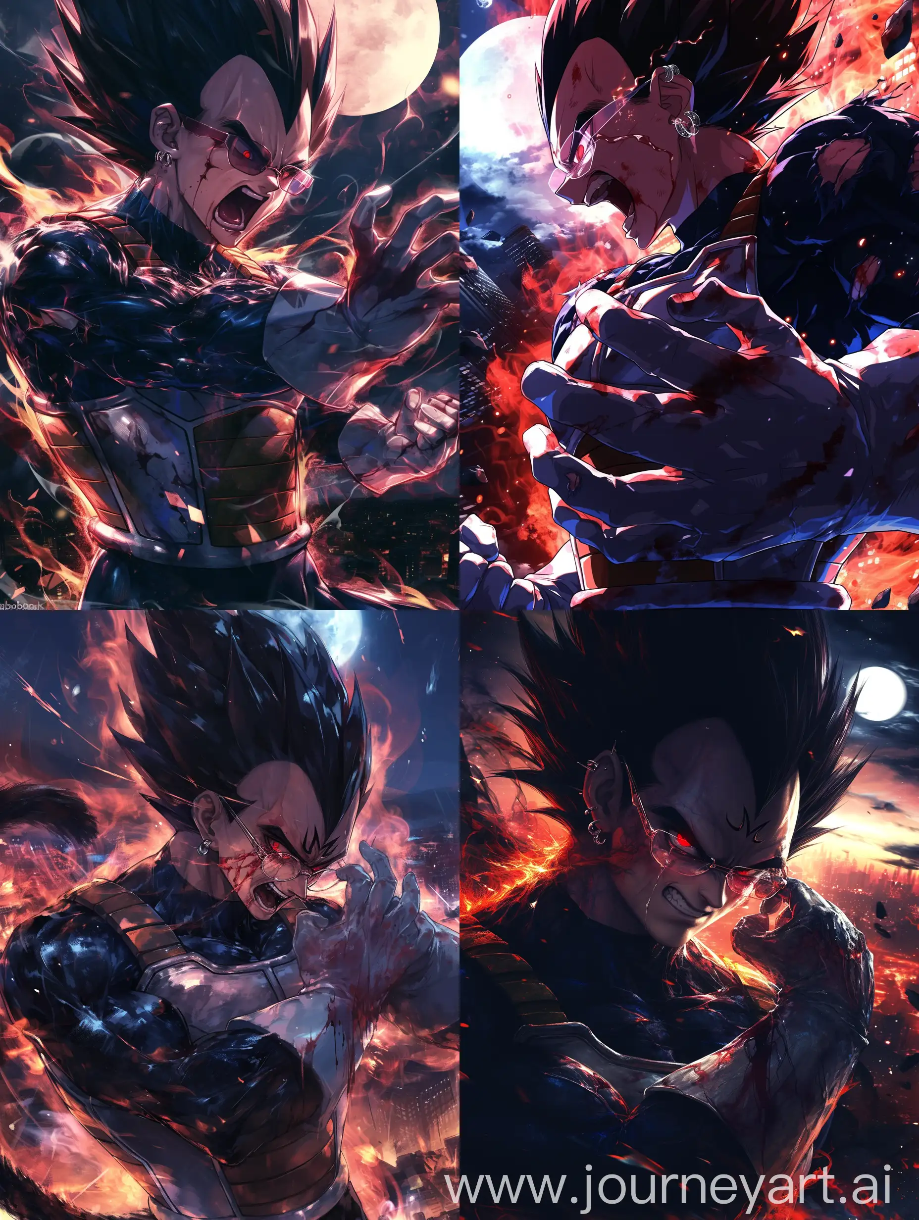 animation Niji style, Vegeta from dragonball universe, attractive, dark blood and fire background, darkness background,  aggressive, killer type, dark, piercings, e-boy, dark, dark blackground, wearing transparent glass, city night, mystical, desperate, hand attack pose, tears, screaming, cry, moonlight, black Vegeta hair super saiyan black,  glossy face, red eyes, cosmic dark and smoke energy through his body, upper body,  still he is Vegeta and make sure the results is reference to Vegeta  --niji 6