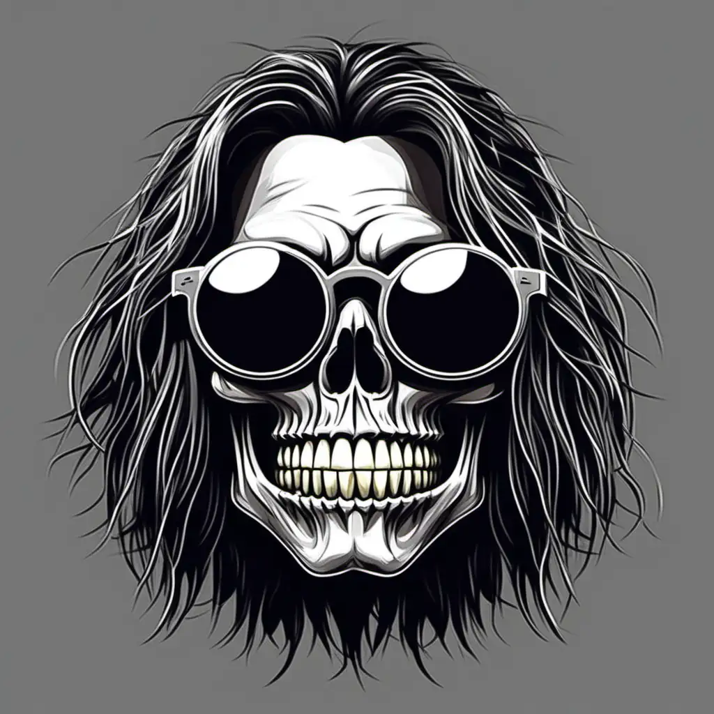 A detailed illustration a Dead Skull wearing trendy round inspired shades black rims, long hair, hippy, stoner, t-shirt design, t-shirt design, 3D vector art, cute
cartoon effect ,Adobe Illustrator, hand-drawn, digital
painting, low-poly, soft lighting, retro aesthetic, focused on
the character, 4K resolution, photorealistic rendering, using Cinema 4D --s 750 --style raw
