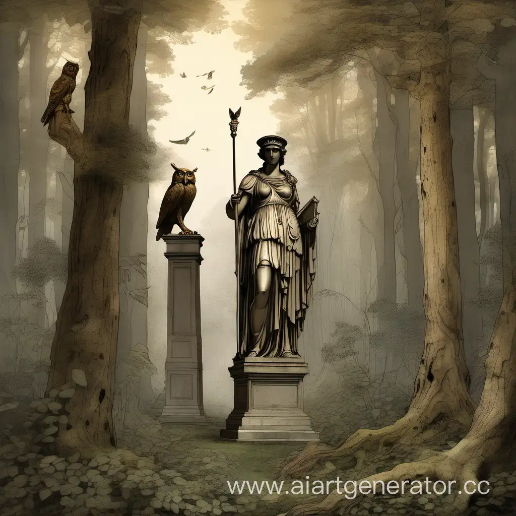 Enchanting-Woodland-Clearing-with-Bronze-Statue-of-Pallas-Athena-and-Wise-Owl