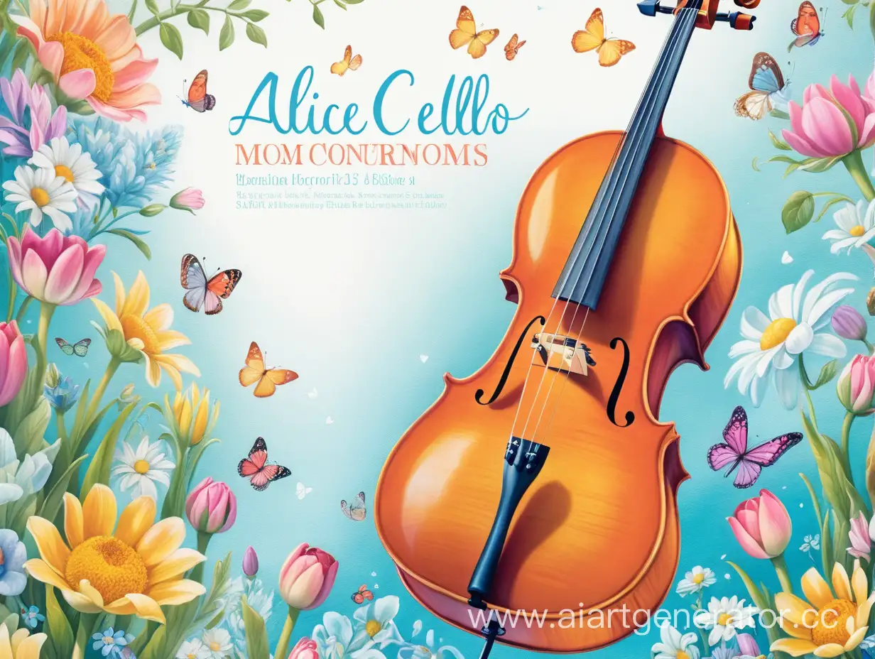 Нежная светлая Афиша  виолончельного концерта для мам к празднику весны и цветов в стиле Алисы в стране чудес