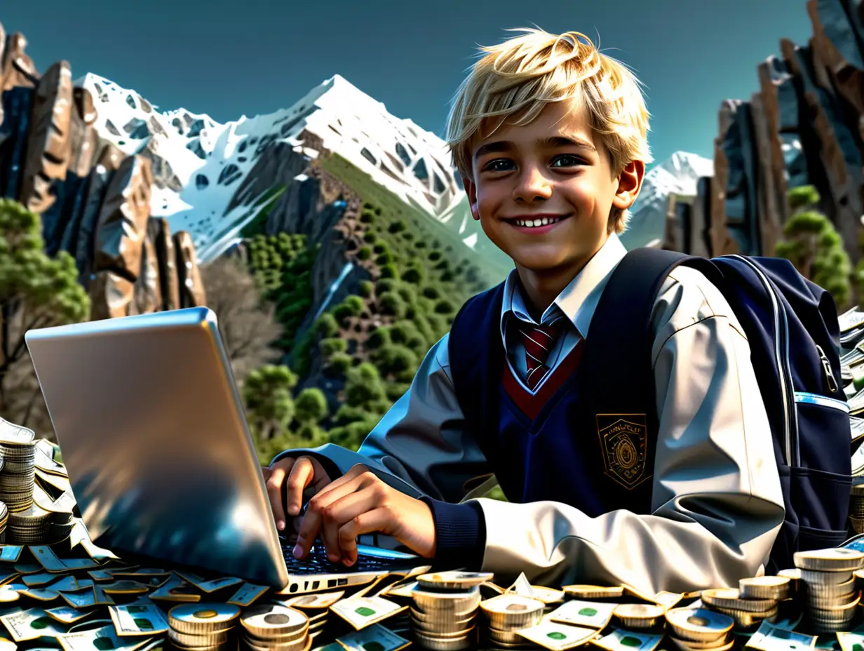 photorealistic 14 year old blonde boy, brown eyes, perfect face, in school uniform, sitting on a mountain of cash and coins, smiling, holding a laptop designing futuristic ai on it.