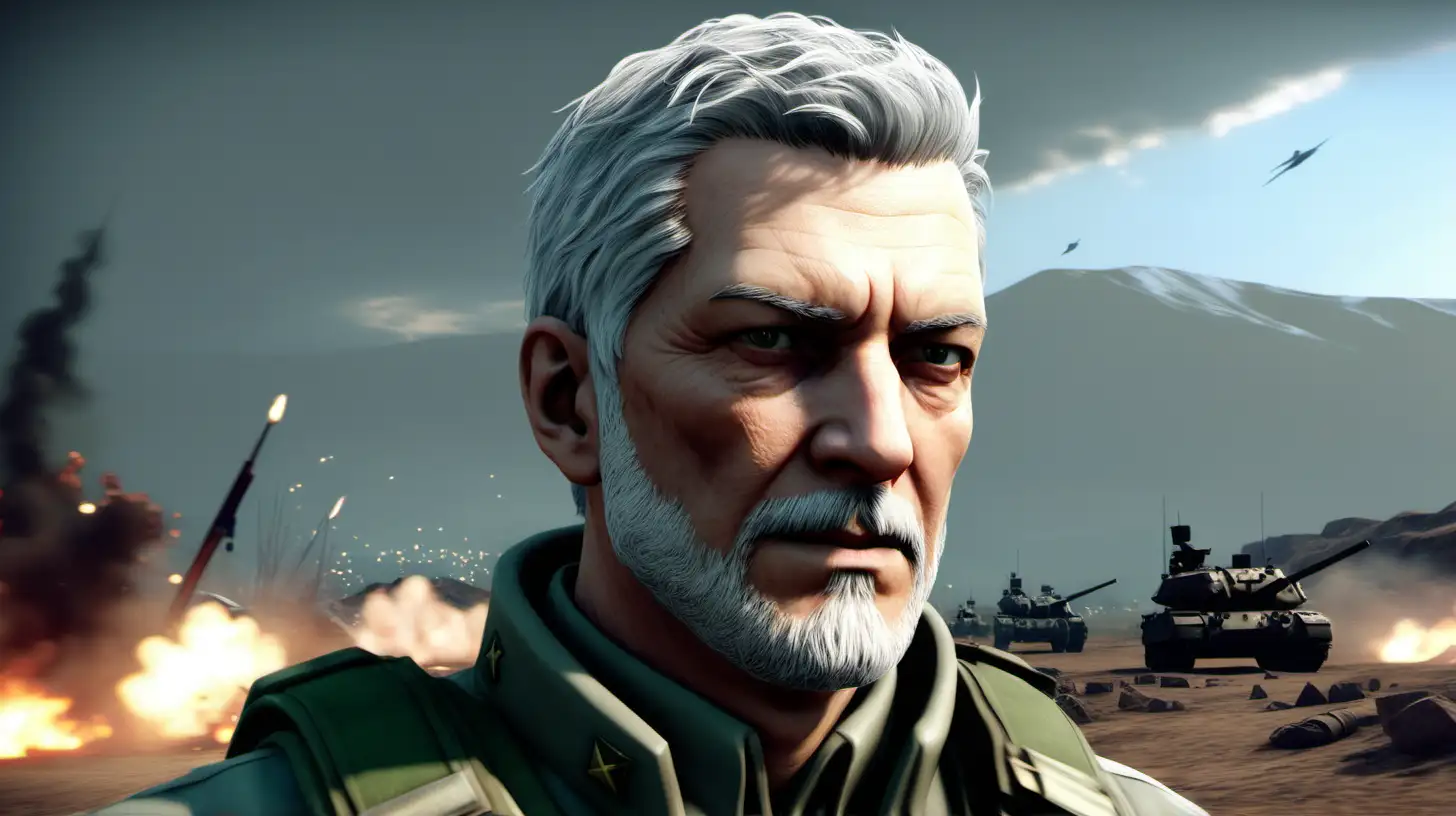 a grey haired man with very short hair and a short grey beard in the style of the video game battlefield, with a military battle in the background