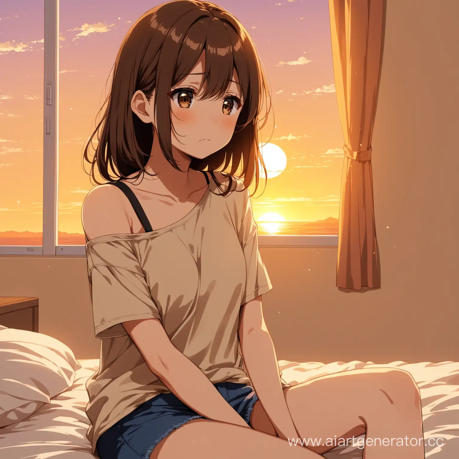 Cute-Anime-Girl-Resting-in-Beige-Sunset-Room