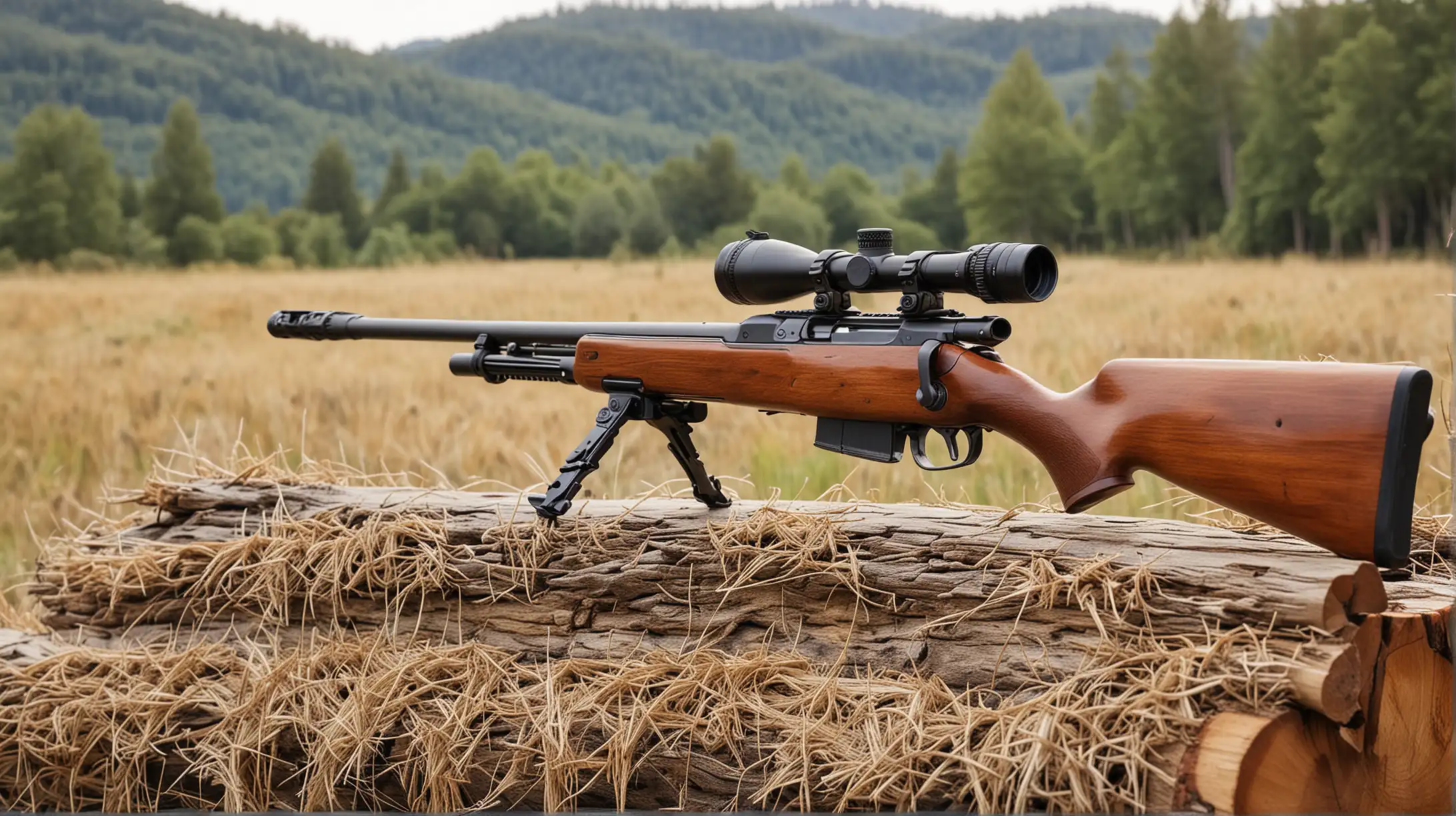 rifle on a log, hay blurry background