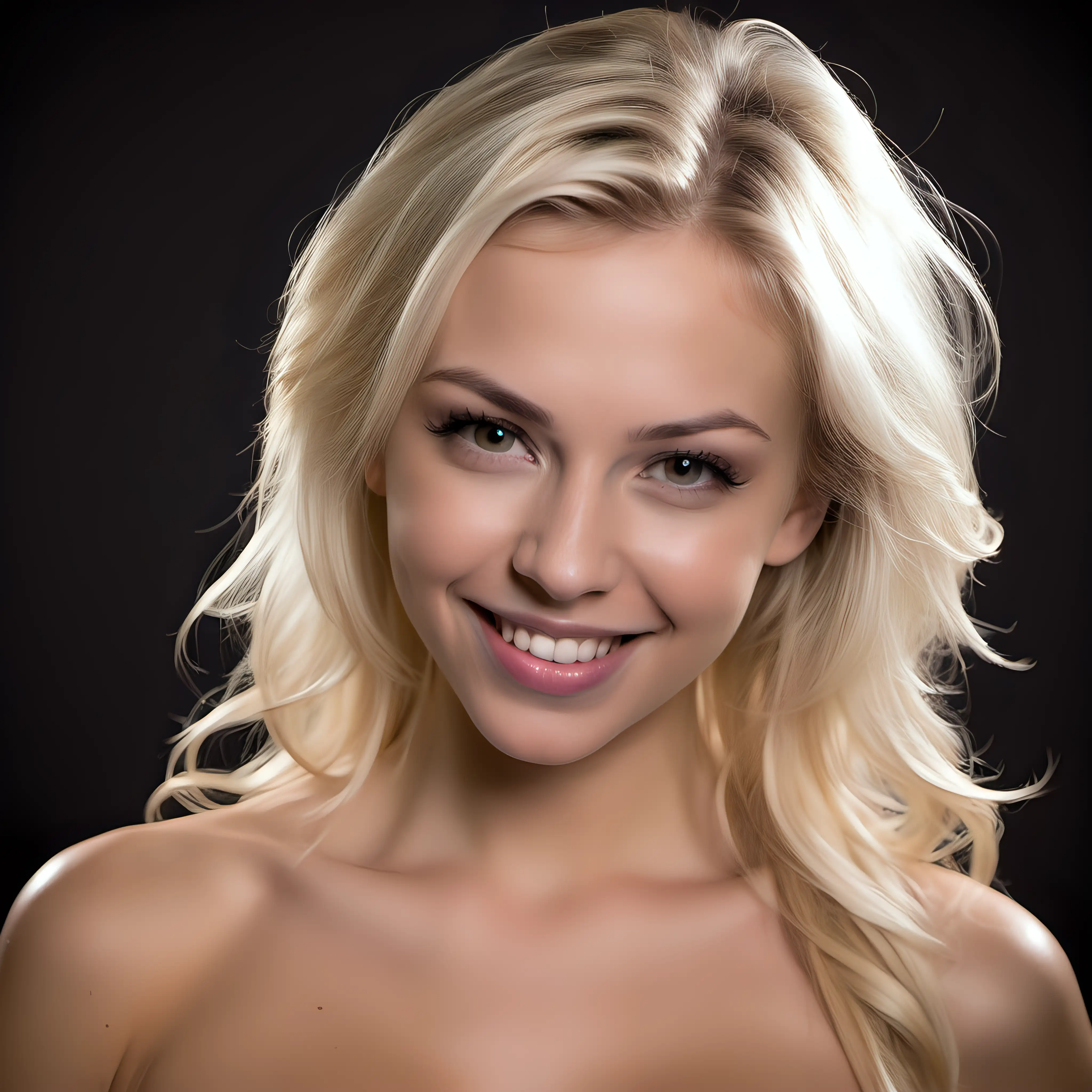headshot of a sexy blonde model with a naughty smile in a sexy dress