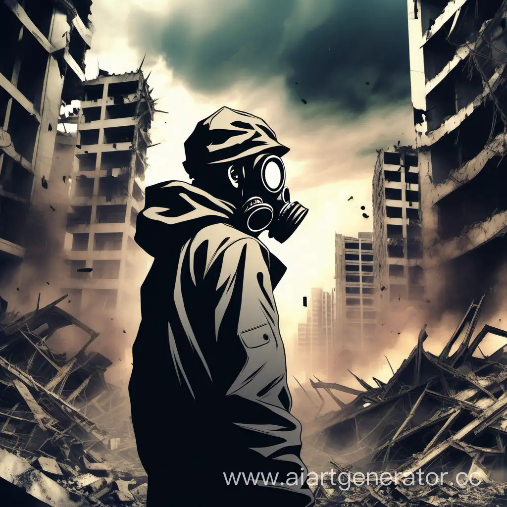 человек в противогазе на фоне разрушенного города в стиле аниме