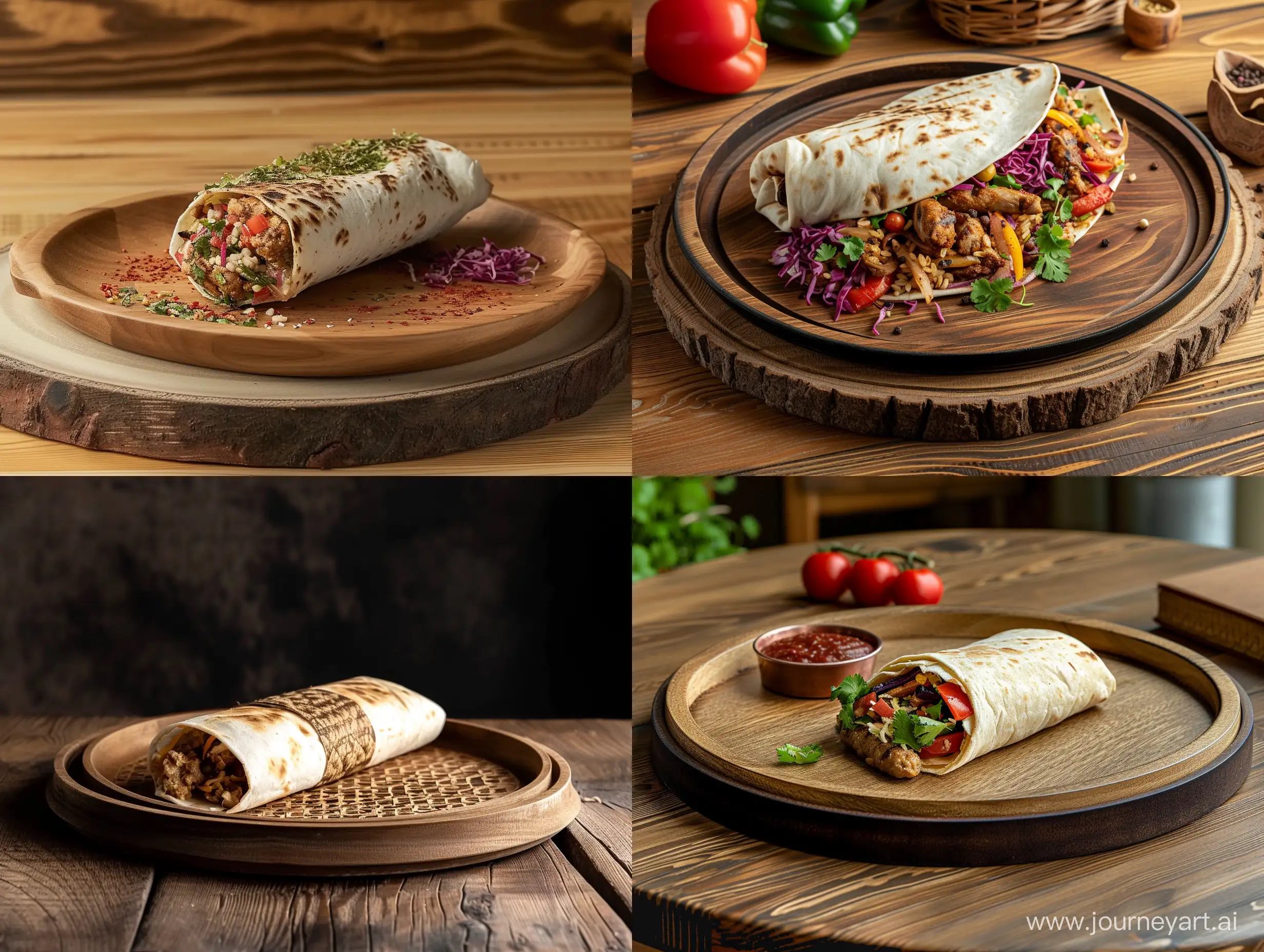 Nothing but a shawarma tray on a round oak tray on a wooden table background
, professional photography, shot with a Sony A7R IV, 4k camera