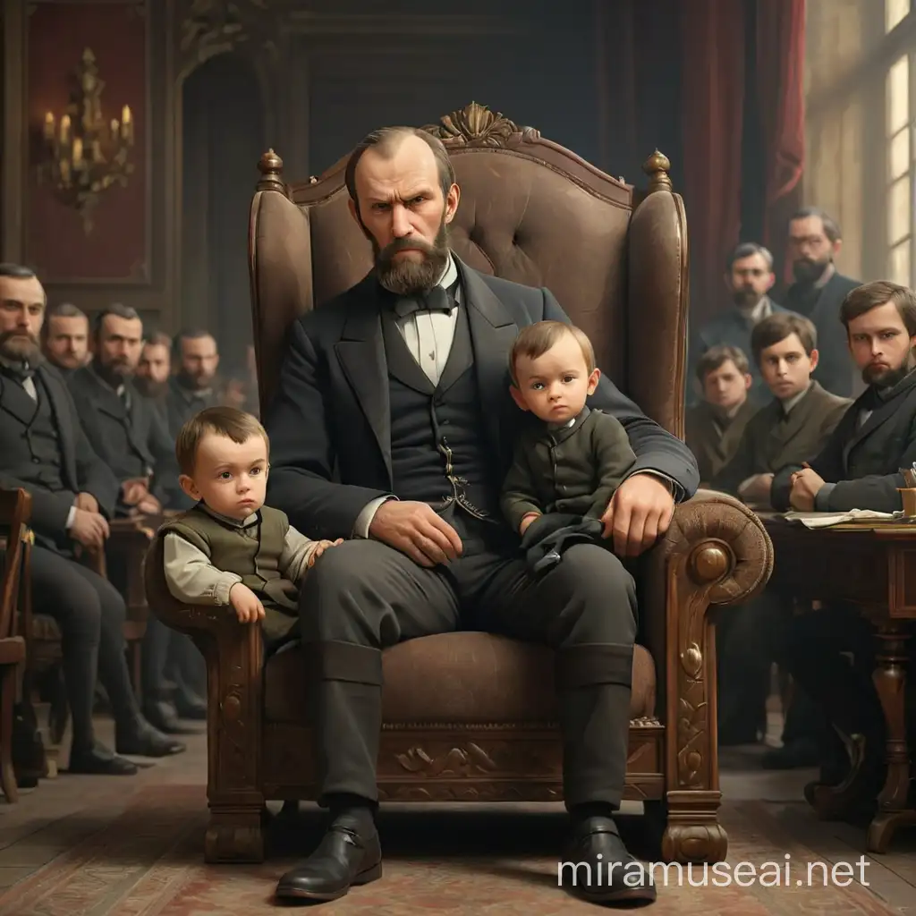 The writer Fyodor Dostoevsky with an arrogant expression on his face sits in a chair and holds the hand of a little man. The full-length image around the room of heroes depicts the 19th century of the Russian Empire.In the style of realism, 3D animation.